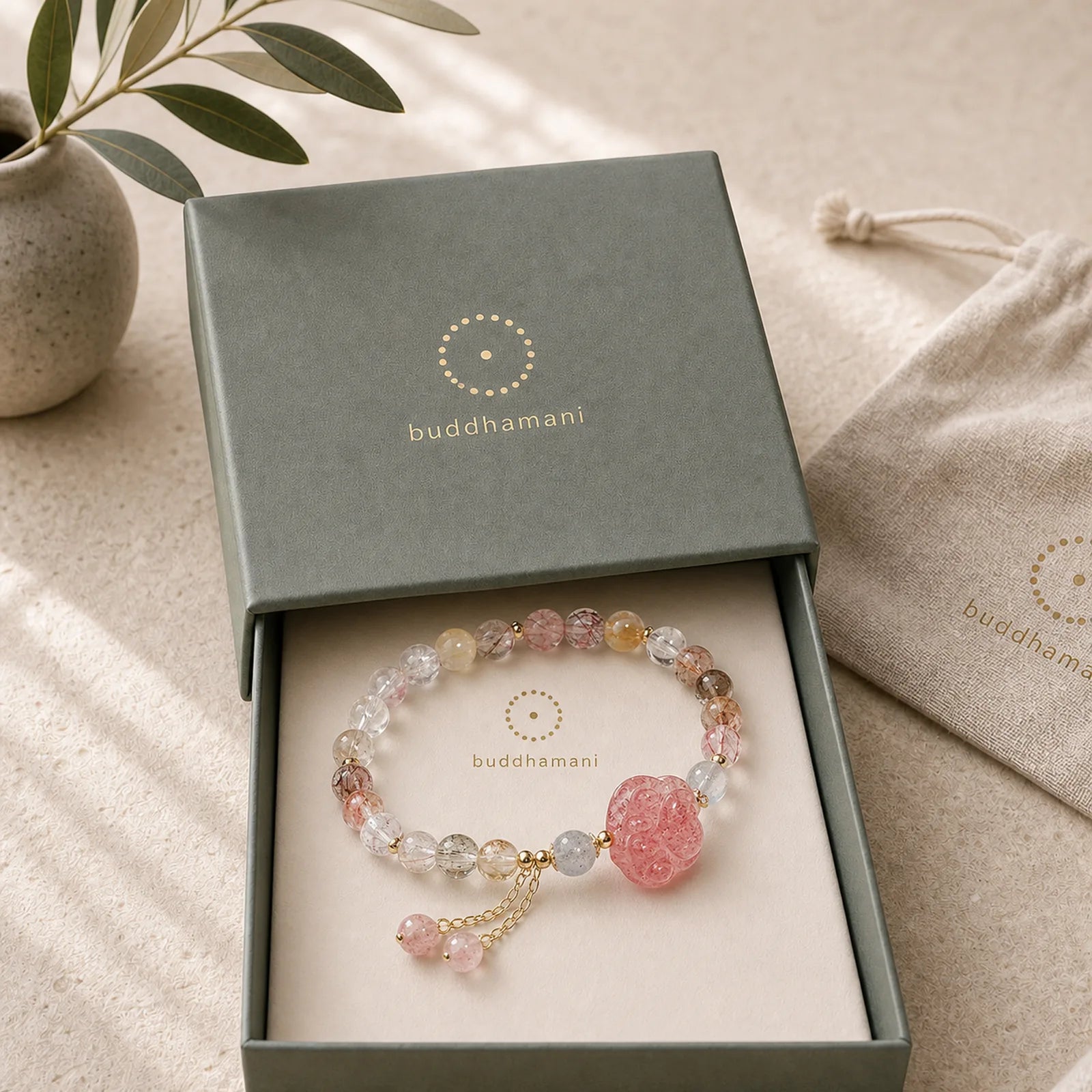 Natural Strawberry Quartz Cat Paw Claw Colorful Rutilated Quartz Moonstone Love Bracelet featuring Strawberry Quartz, Rutilated Quartz, Moonstone