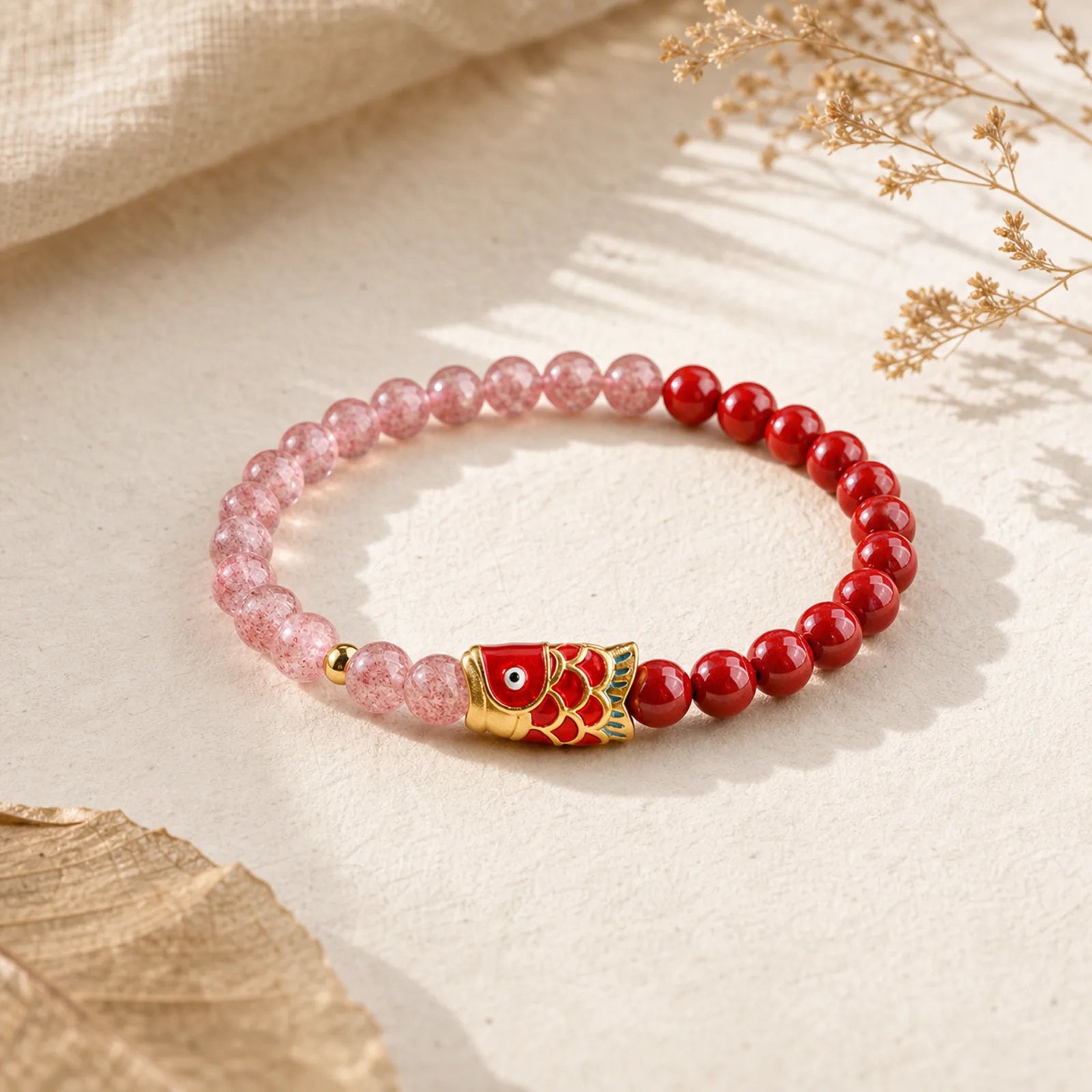Natural Strawberry Quartz Cinnabar Lucky Koi Fish Healing Bracelet featuring Strawberry Quartz, Cinnabar, Koi Fish