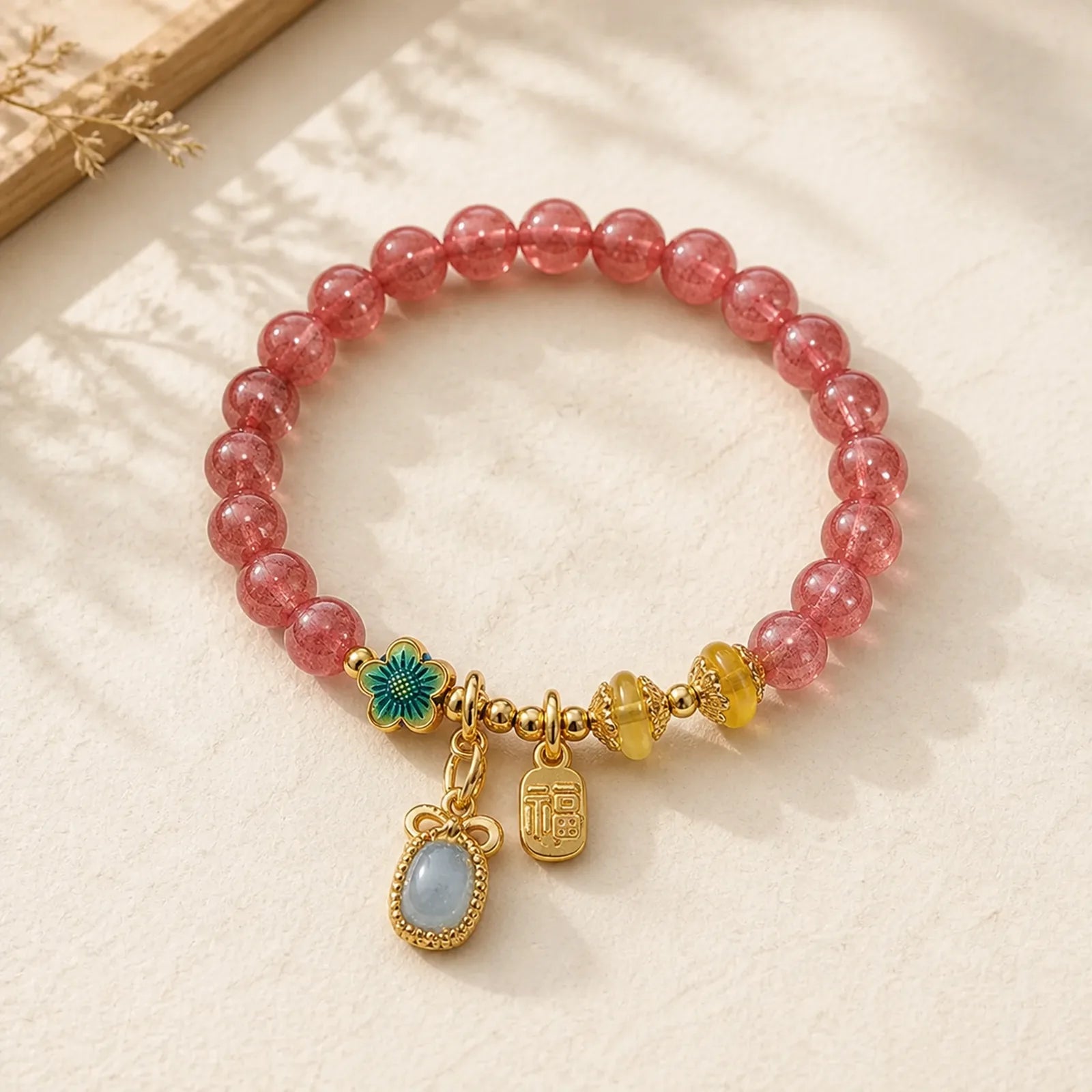 Natural Strawberry Quartz Crystal Aquamarine Fortune Brand Love Bracelet featuring Strawberry Quartz, Aquamarine