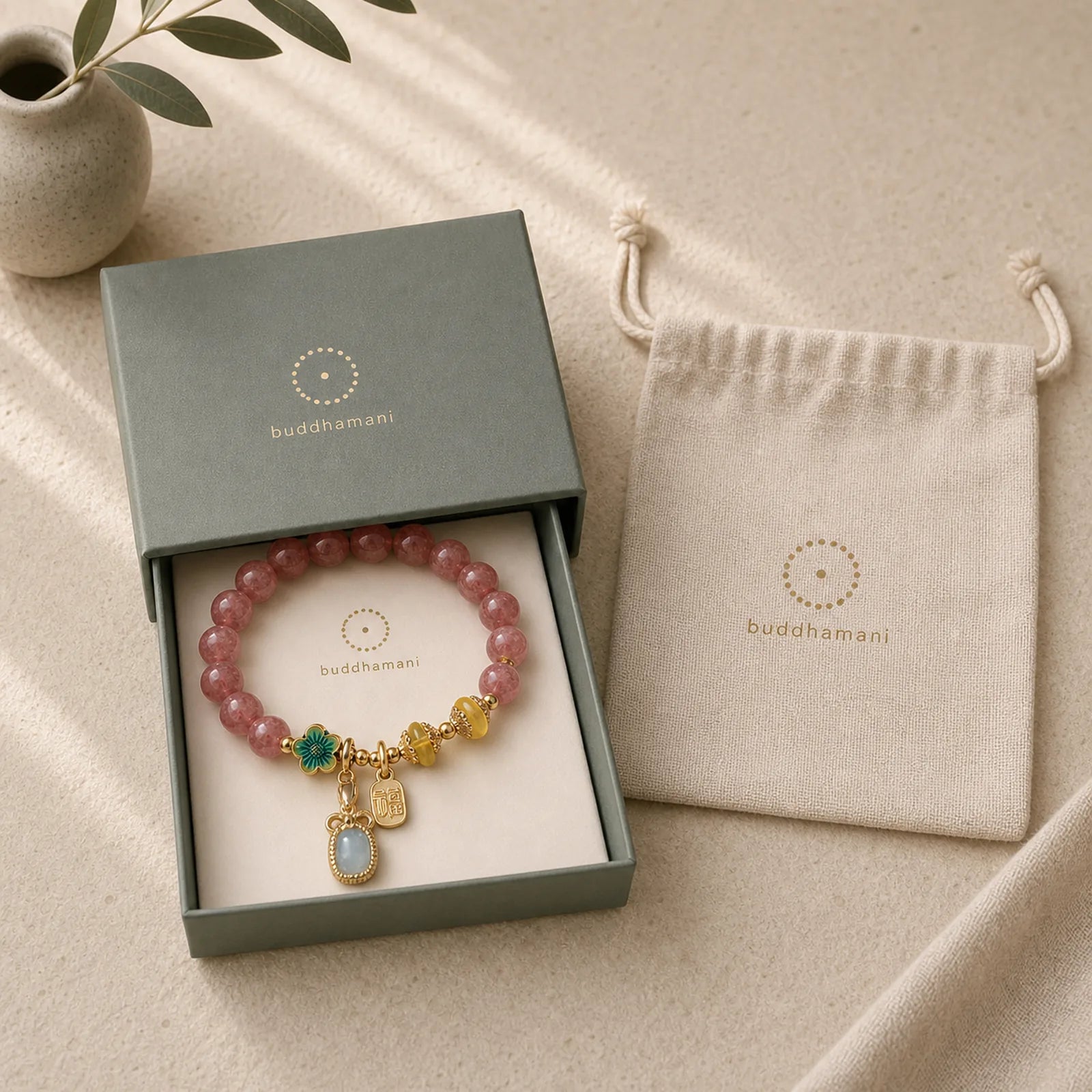 Natural Strawberry Quartz Crystal Aquamarine Fortune Brand Love Bracelet featuring Strawberry Quartz, Aquamarine
