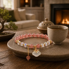 Natural Strawberry Quartz Crystal White Agate Auspicious Cloud Healing Bracelet featuring Strawberry Quartz, White Agate, Copper