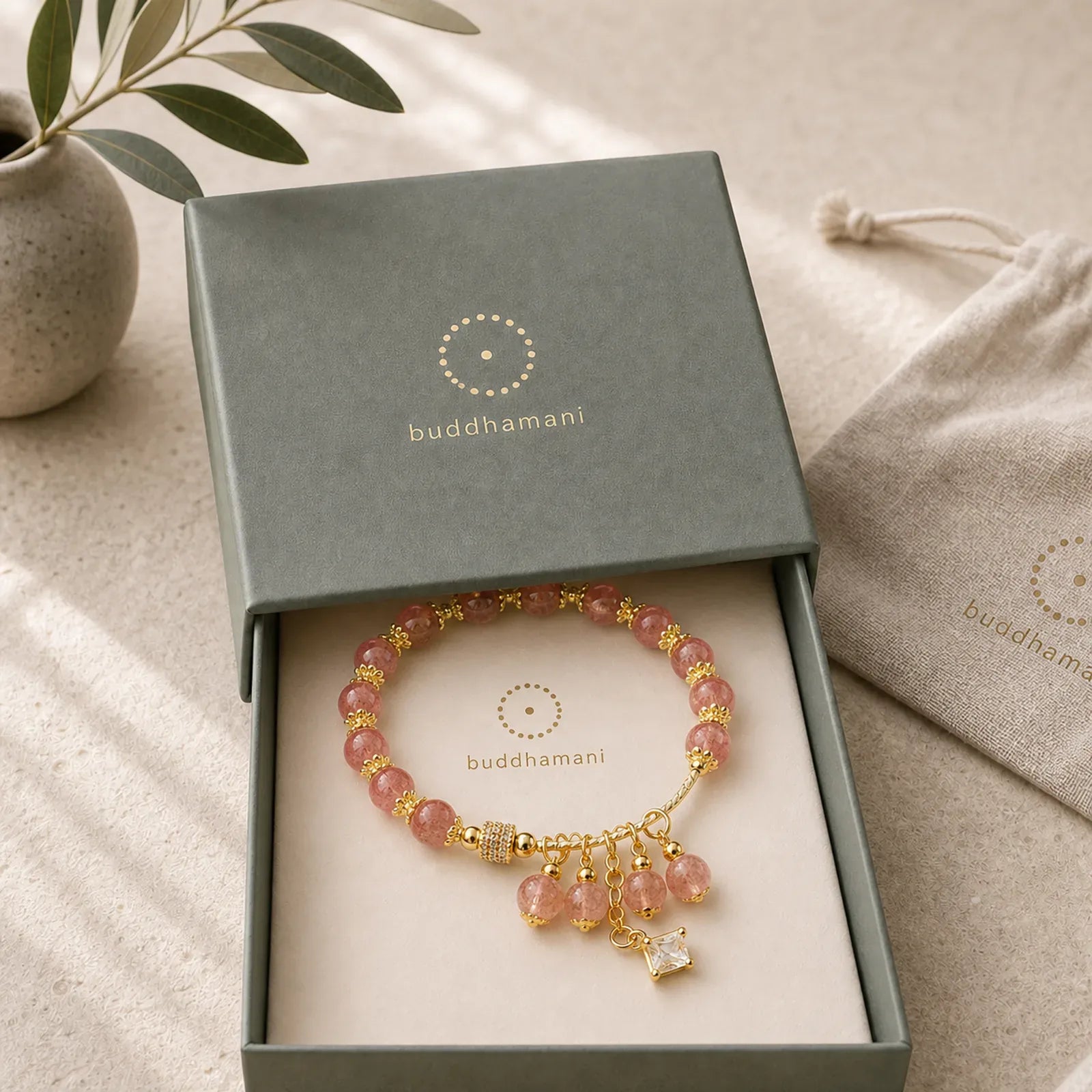 Natural Strawberry Quartz Crystal Zircon Healing Positive Bracelet featuring Strawberry Quartz