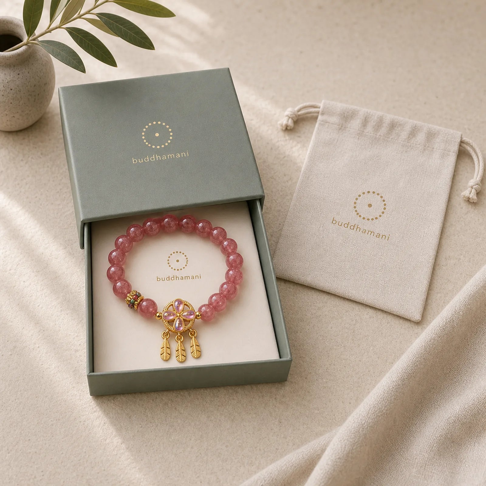 Natural Strawberry Quartz Four Leaf Clover Dreamcatcher Charm Love Bracelet featuring Strawberry Quartz