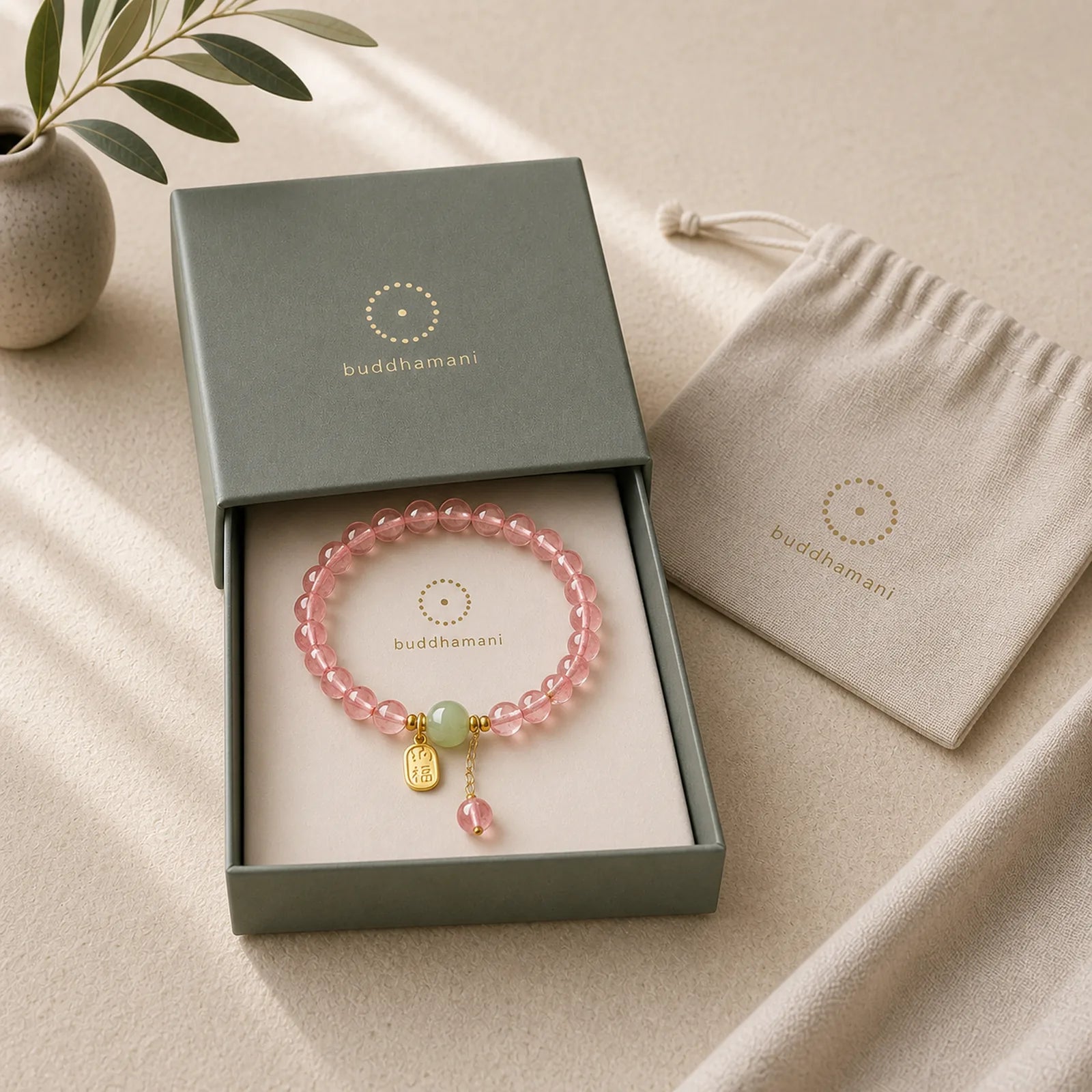 Natural Strawberry Quartz Fu Character Jade Positive Healing Bracelet featuring Strawberry Quartz, Fu Character, Jade