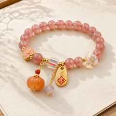 Natural Strawberry Quartz Fu Character Pumpkin Charm Positive Bracelet (Extra 35% Off | USE CODE: FS35) featuring Strawberry Quartz, Fu Character