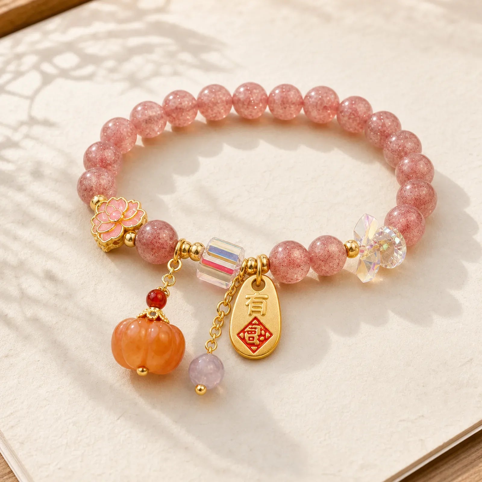 Natural Strawberry Quartz Fu Character Pumpkin Charm Positive Bracelet (Extra 35% Off | USE CODE: FS35) featuring Strawberry Quartz, Fu Character