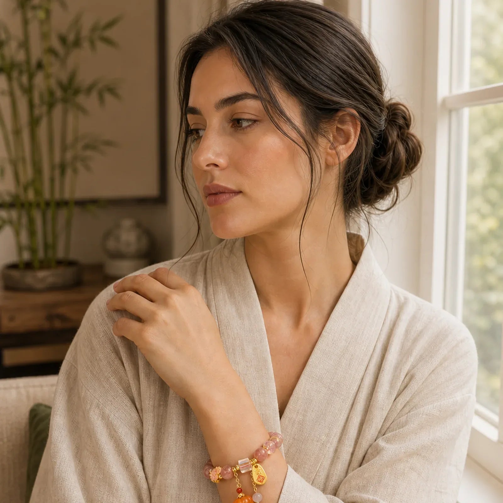 Natural Strawberry Quartz Fu Character Pumpkin Charm Positive Bracelet (Extra 35% Off | USE CODE: FS35) featuring Strawberry Quartz, Fu Character