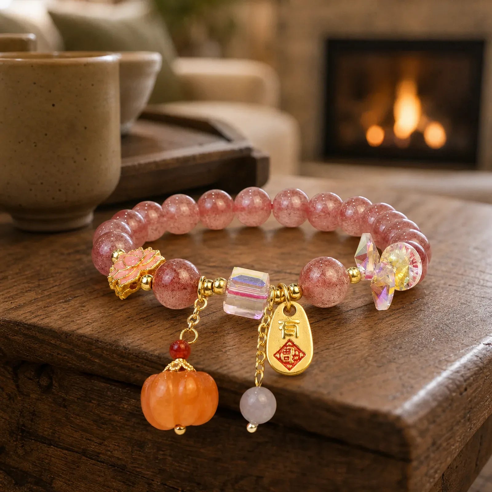 Natural Strawberry Quartz Fu Character Pumpkin Charm Positive Bracelet (Extra 35% Off | USE CODE: FS35) featuring Strawberry Quartz, Fu Character