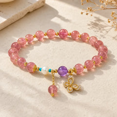 Natural Strawberry Quartz Green Strawberry Quartz Butterfly Charm Love Bracelet featuring Strawberry Quartz, Green Strawberry Quartz, Butterfly