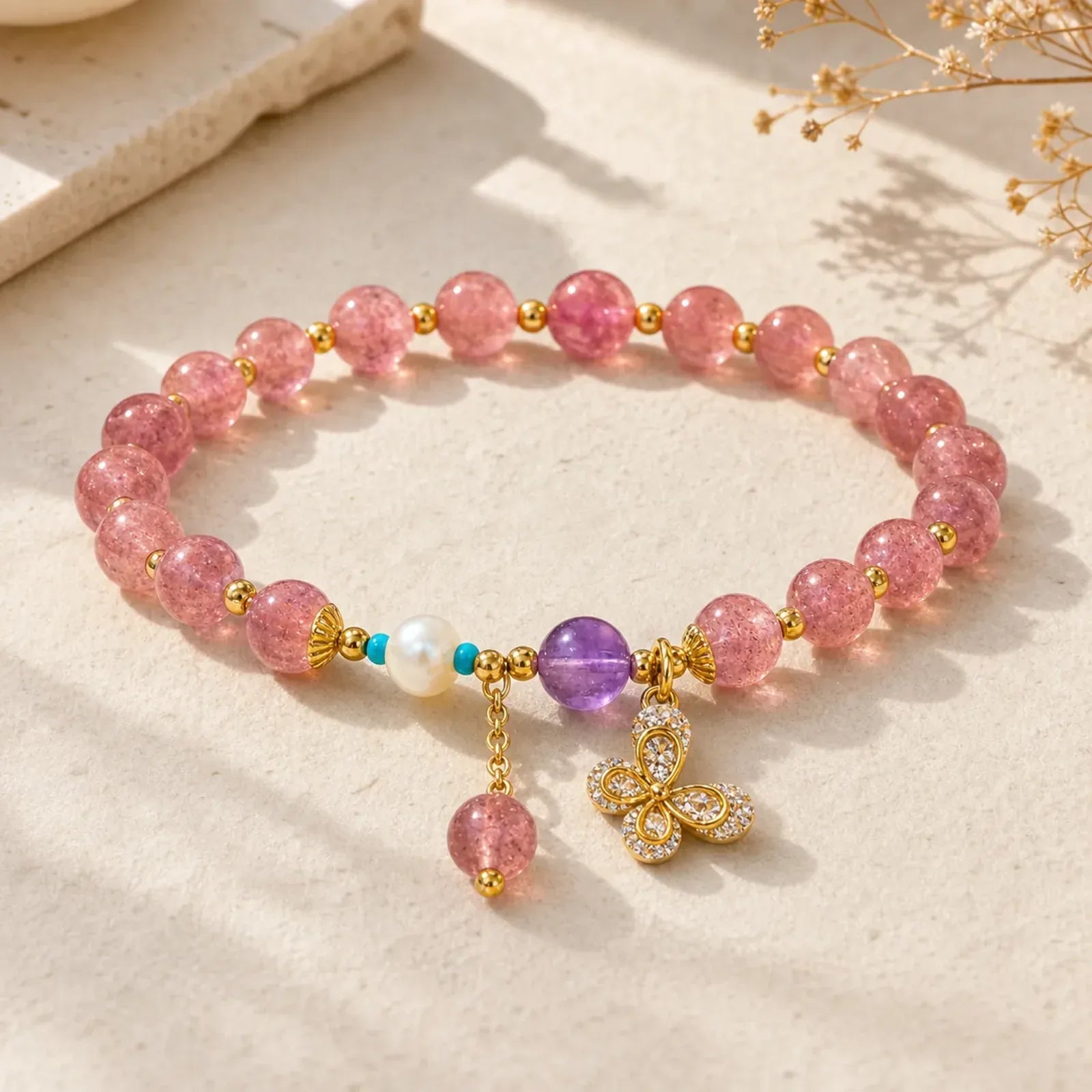 Natural Strawberry Quartz Green Strawberry Quartz Butterfly Charm Love Bracelet featuring Strawberry Quartz, Green Strawberry Quartz, Butterfly