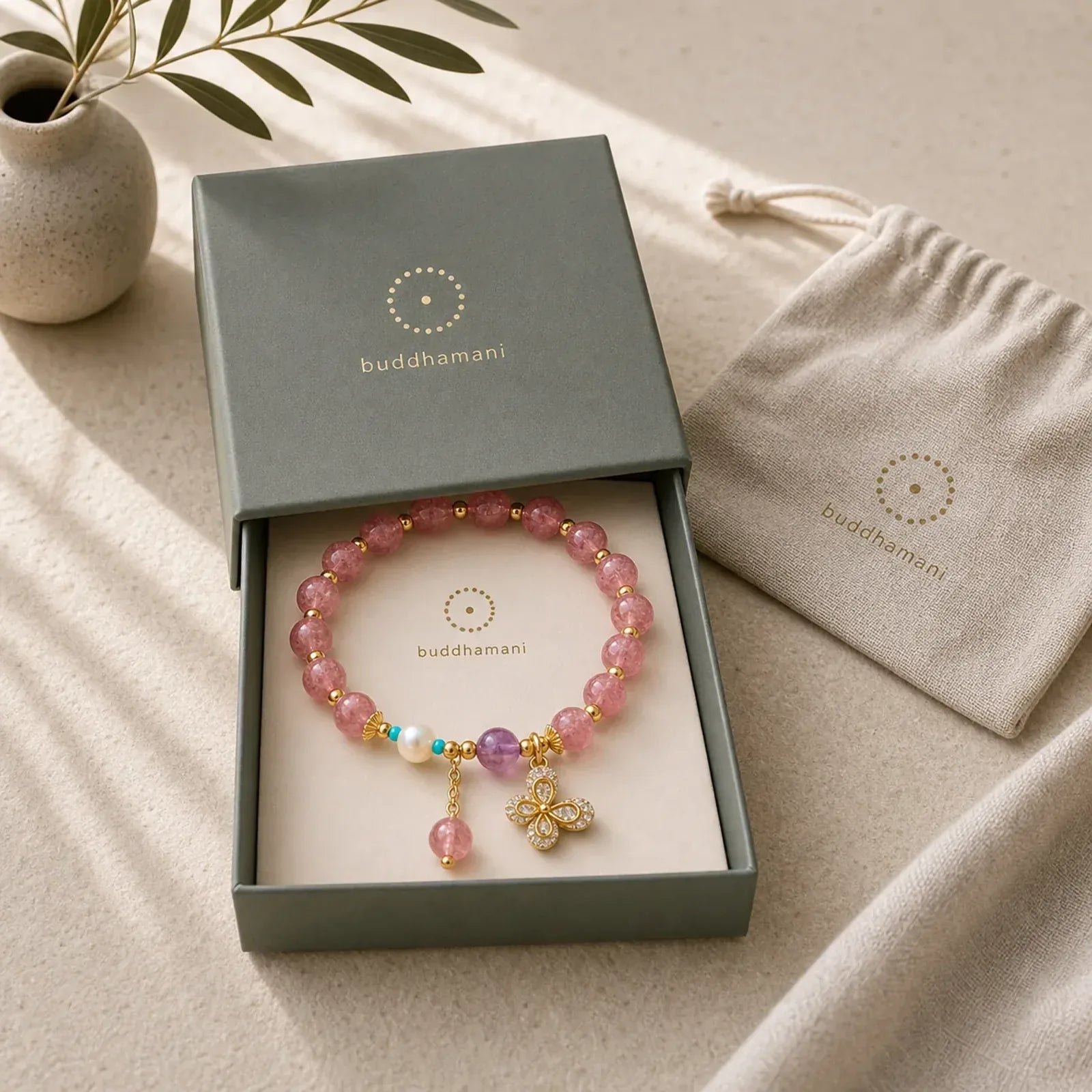 Natural Strawberry Quartz Green Strawberry Quartz Butterfly Charm Love Bracelet featuring Strawberry Quartz, Green Strawberry Quartz, Butterfly