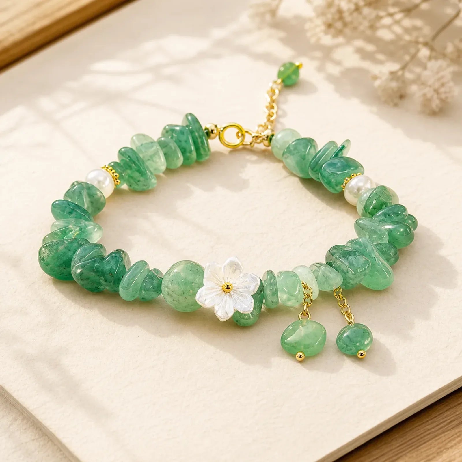 Natural Strawberry Quartz Green Strawberry Quartz Super Seven Crystal Flower Healing Bracelet featuring Strawberry Quartz, Green Strawberry Quartz, Super Seven Crystal