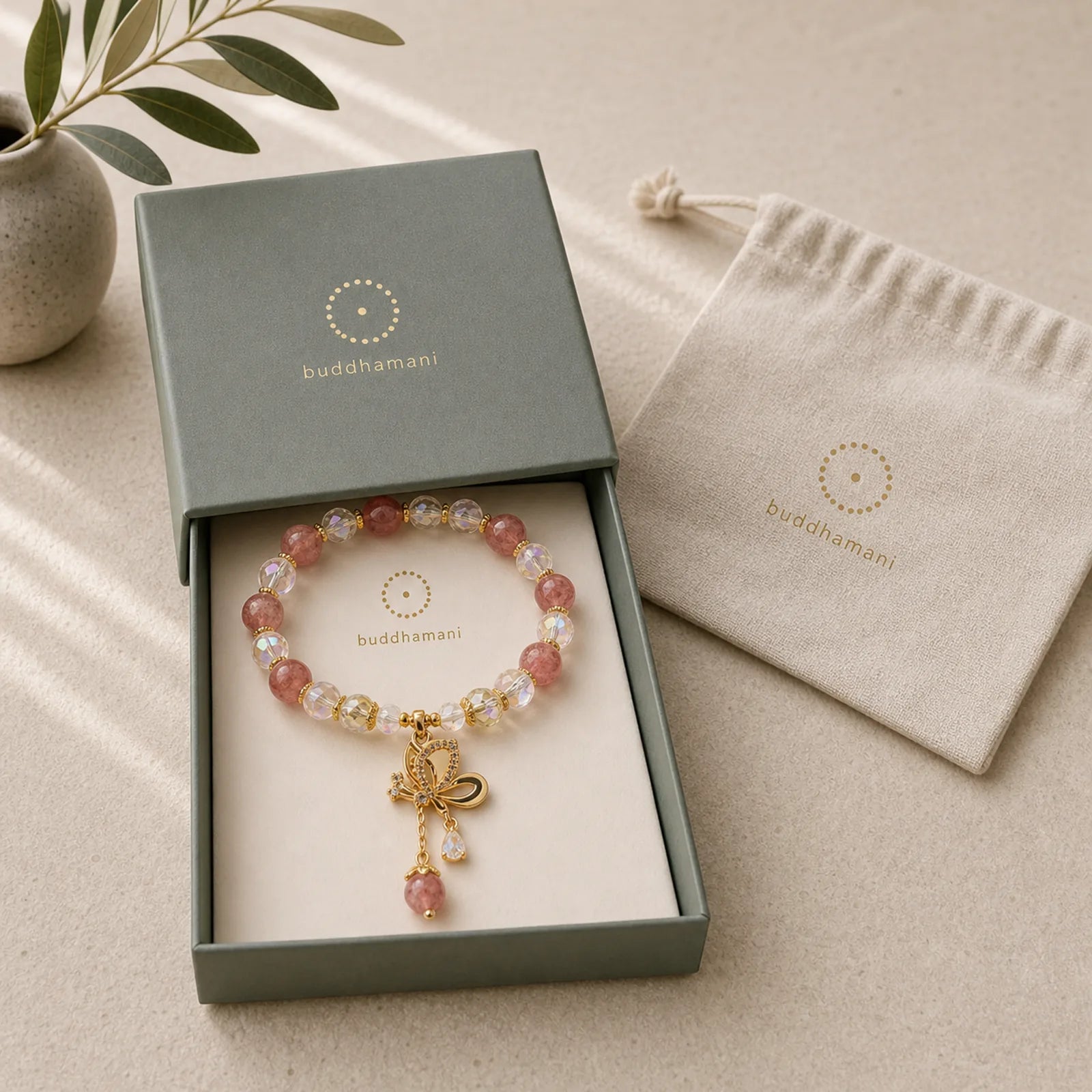 Natural Strawberry Quartz Healing Positive Butterfly Charm Bracelet featuring Strawberry Quartz, Butterfly, Feng Shui Butterfly