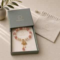 Natural Strawberry Quartz Healing Positive Butterfly Charm Bracelet featuring Strawberry Quartz, Butterfly, Feng Shui Butterfly