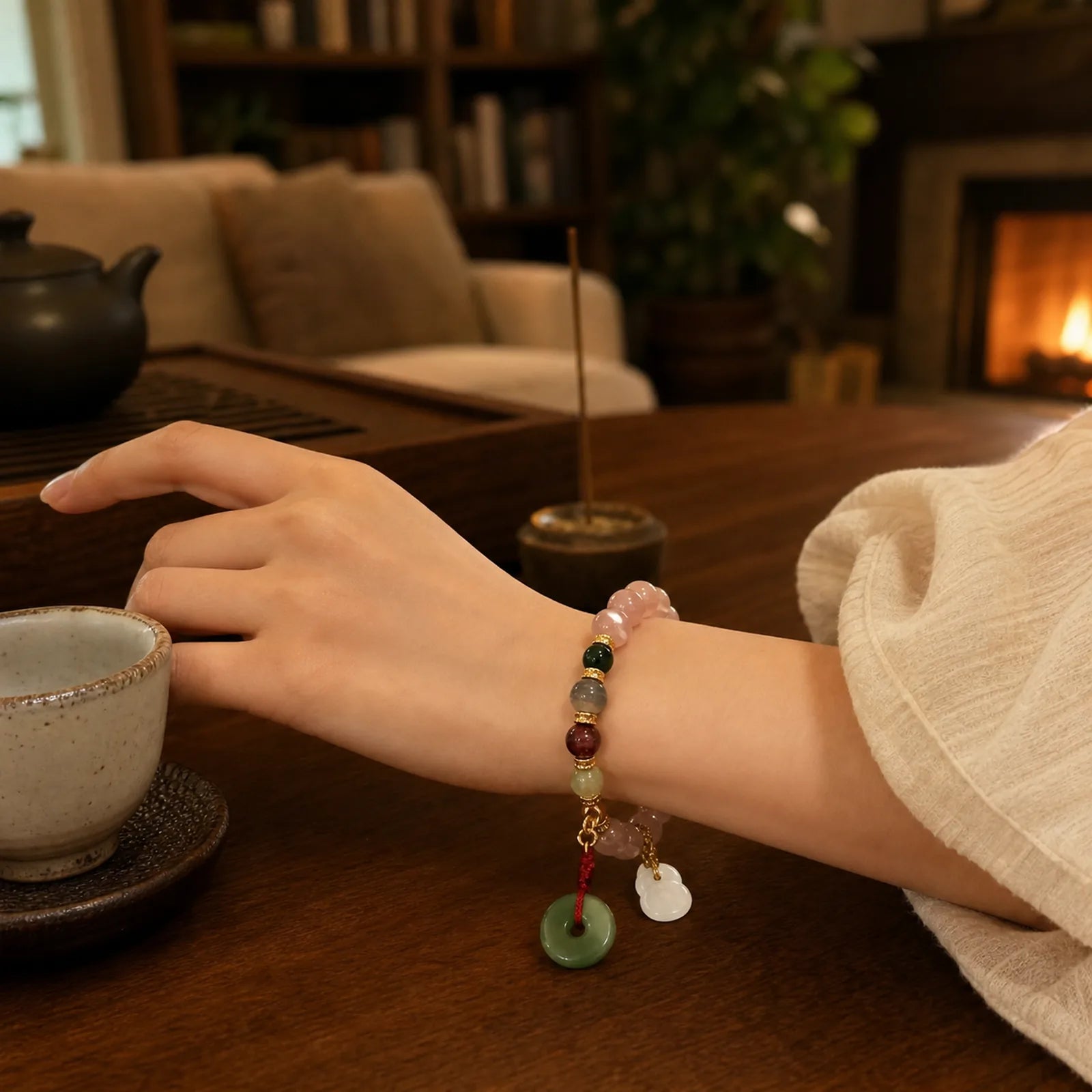 Natural Strawberry Quartz Jade Peace Buckle Coin Purse Healing Bracelet featuring Strawberry Quartz, Jade, Peace Buckle