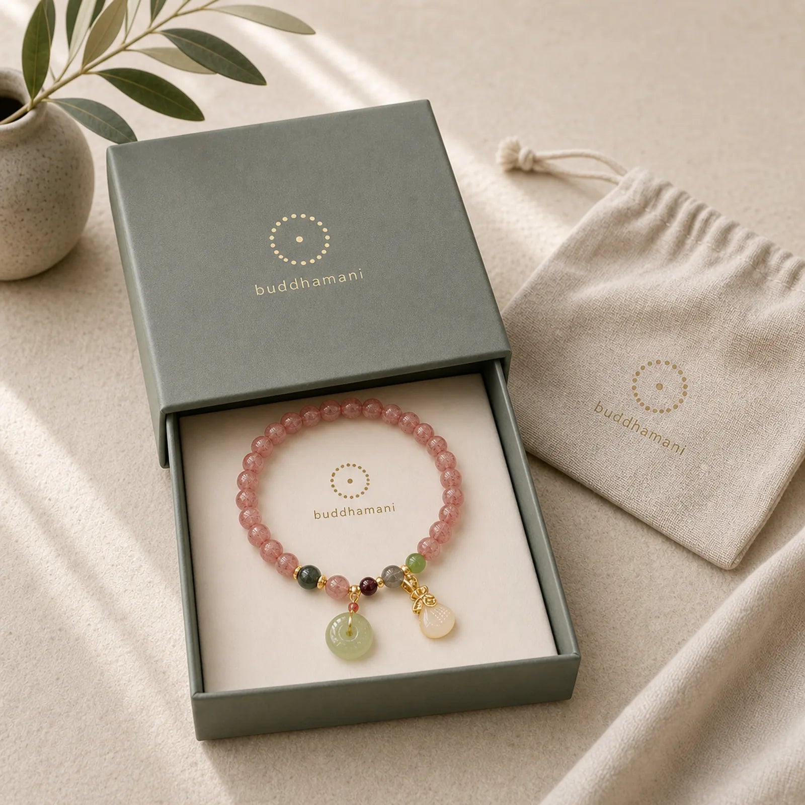 Natural Strawberry Quartz Jade Peace Buckle Coin Purse Healing Bracelet featuring Strawberry Quartz, Jade, Peace Buckle
