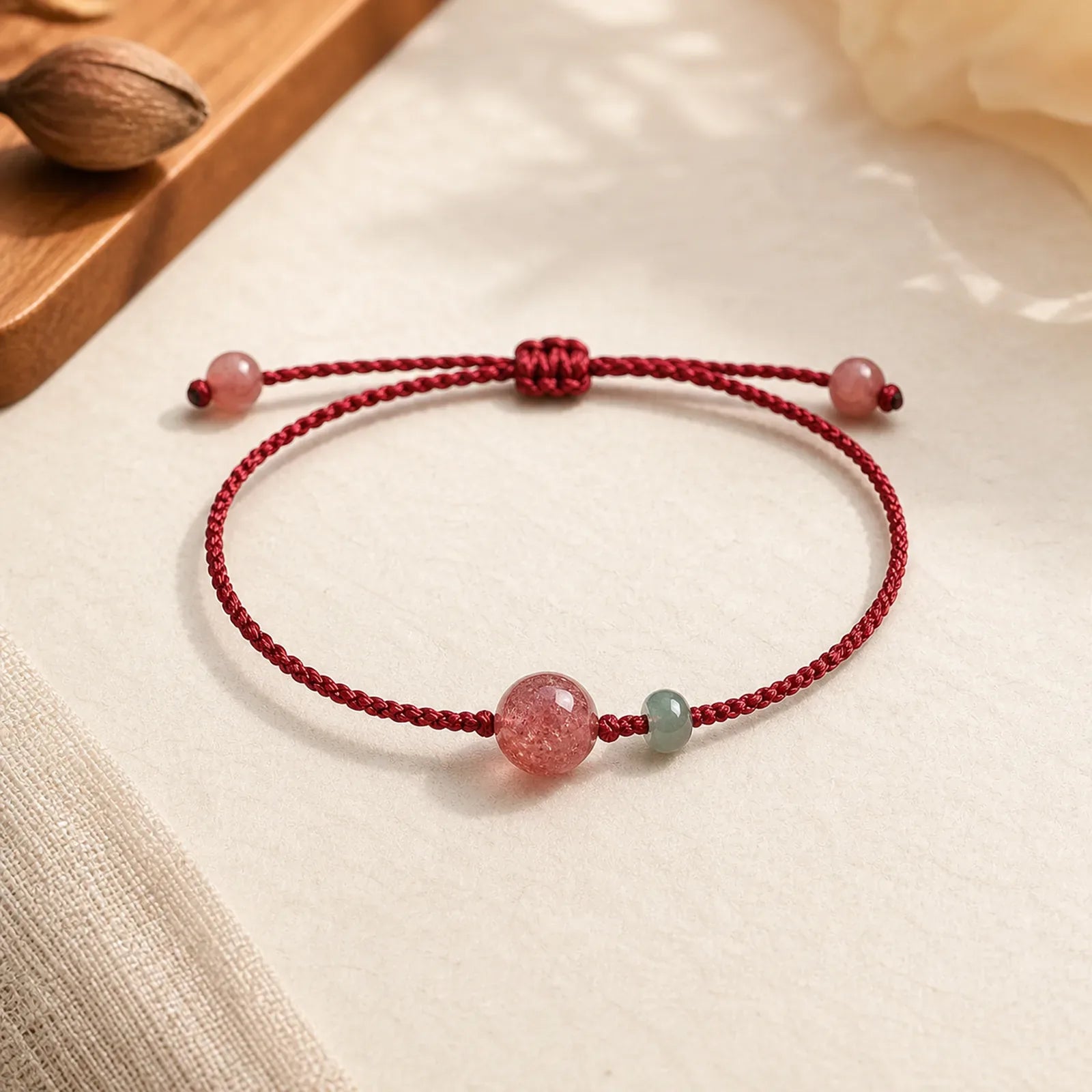 Natural Strawberry Quartz Jade White Agate Red String Positive Bracelet featuring Strawberry Quartz, Jade, White Agate