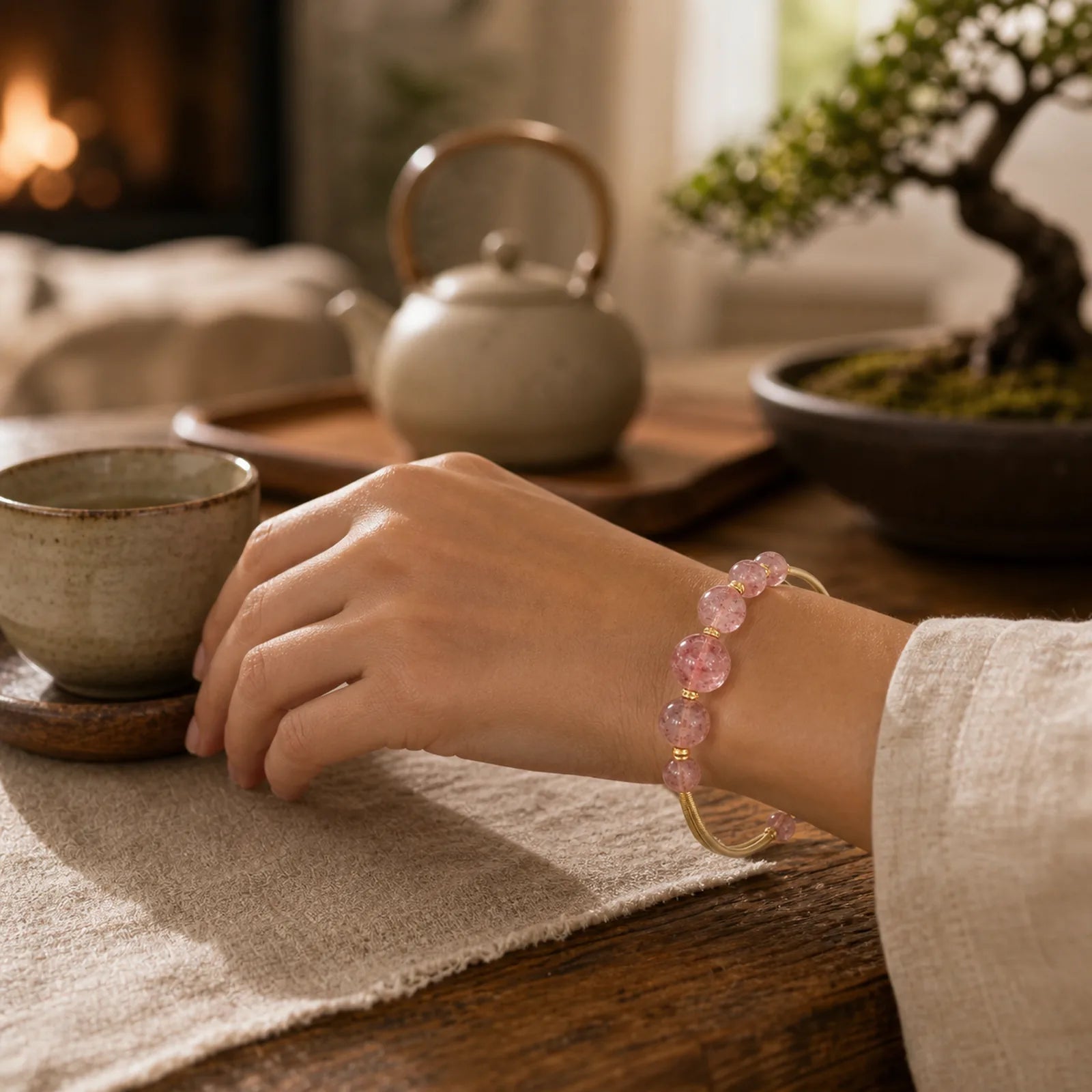 Natural Strawberry Quartz Love Healing Bracelet Bangle featuring Strawberry Quartz