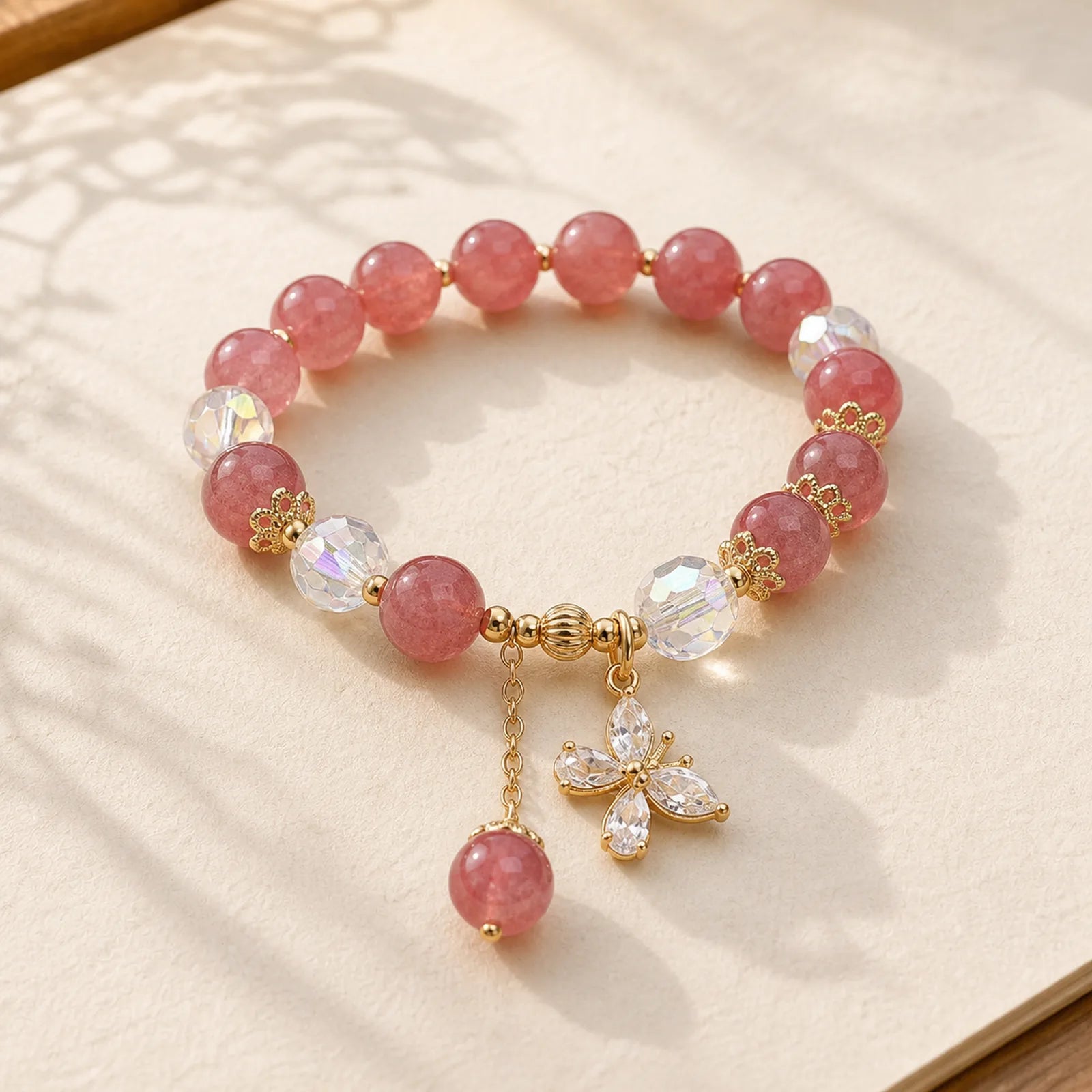Natural Strawberry Quartz Love Healing Butterfly Charm Bracelet featuring Strawberry Quartz, Butterfly, Feng Shui Butterfly