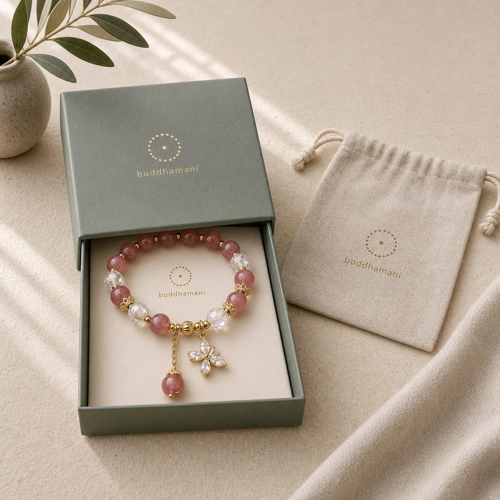 Natural Strawberry Quartz Love Healing Butterfly Charm Bracelet featuring Strawberry Quartz, Butterfly, Feng Shui Butterfly