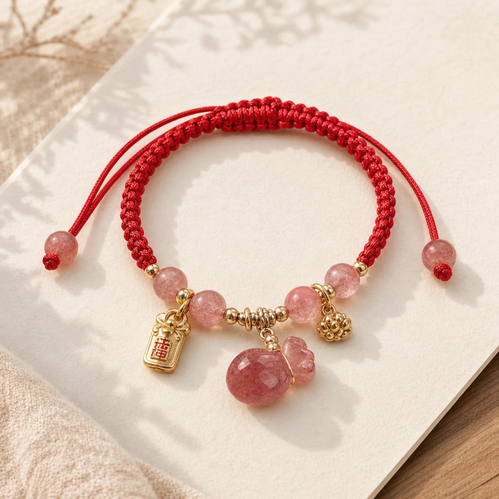 Natural Strawberry Quartz Money Bag Lotus Healing Charm Red String Braided Bracelet featuring Strawberry Quartz, Lotus, Red String