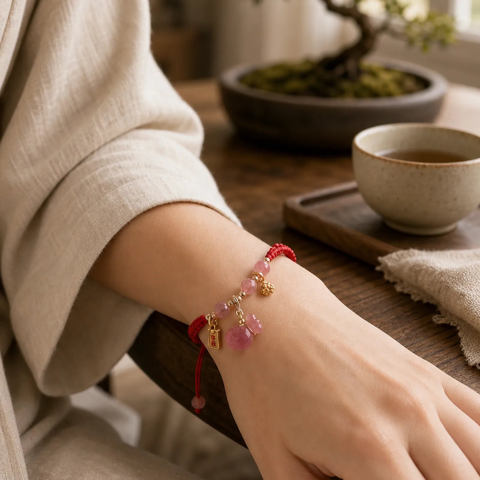 Natural Strawberry Quartz Money Bag Lotus Healing Charm Red String Braided Bracelet featuring Strawberry Quartz, Lotus, Red String