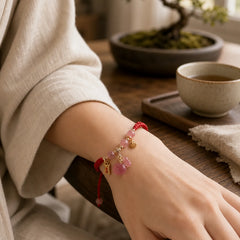 Natural Strawberry Quartz Money Bag Lotus Healing Charm Red String Braided Bracelet featuring Strawberry Quartz, Lotus, Red String