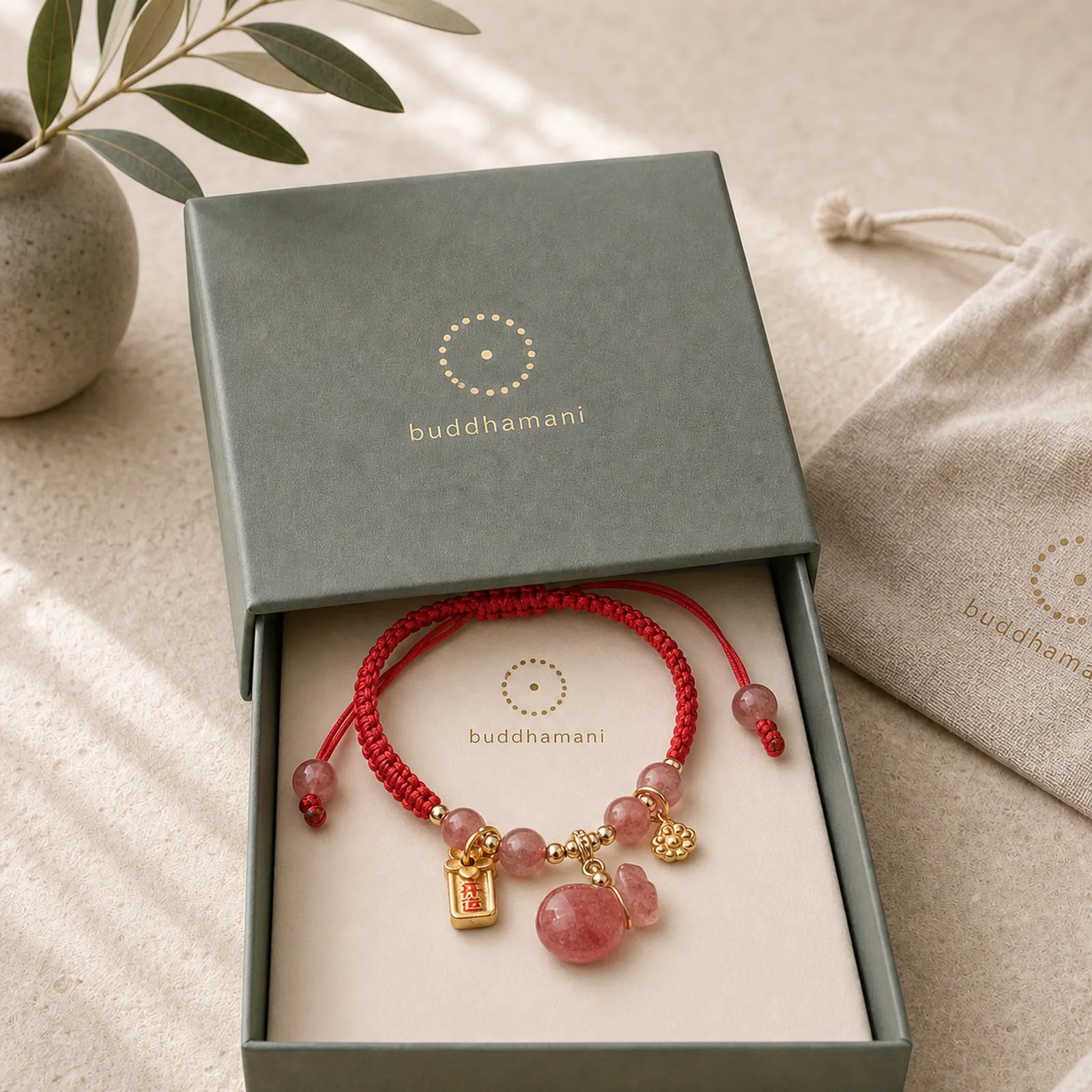 Natural Strawberry Quartz Money Bag Lotus Healing Charm Red String Braided Bracelet featuring Strawberry Quartz, Lotus, Red String