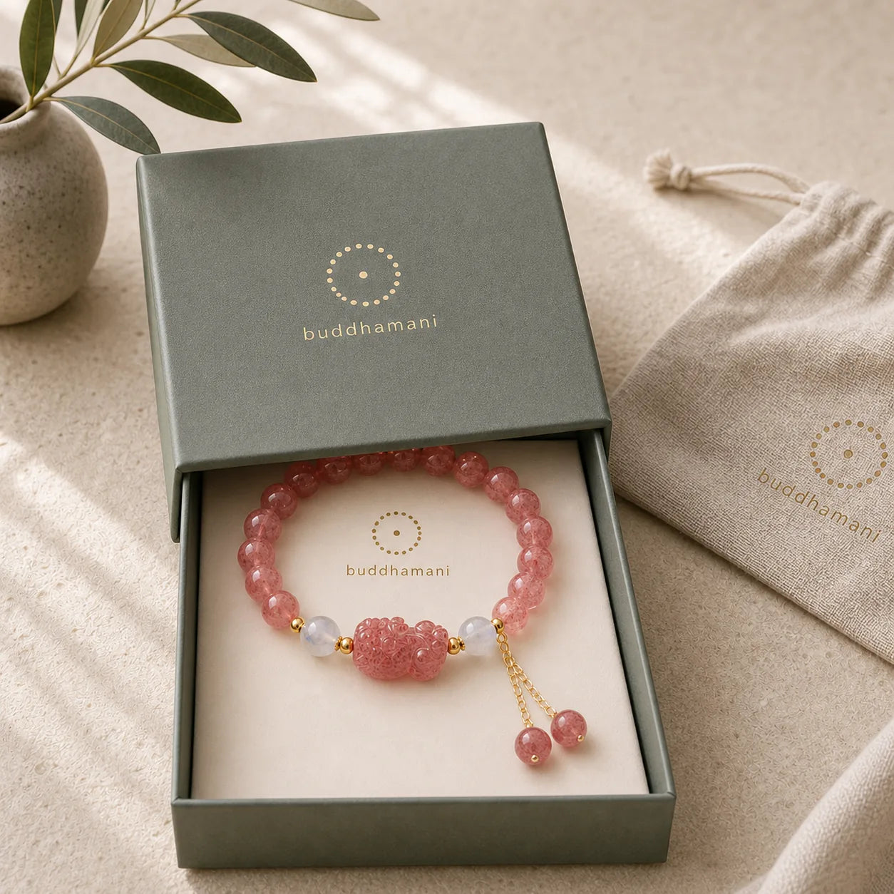 Natural Strawberry Quartz Moonstone PiXiu Love Healing Bracelet featuring Strawberry Quartz, Moonstone, Pixiu