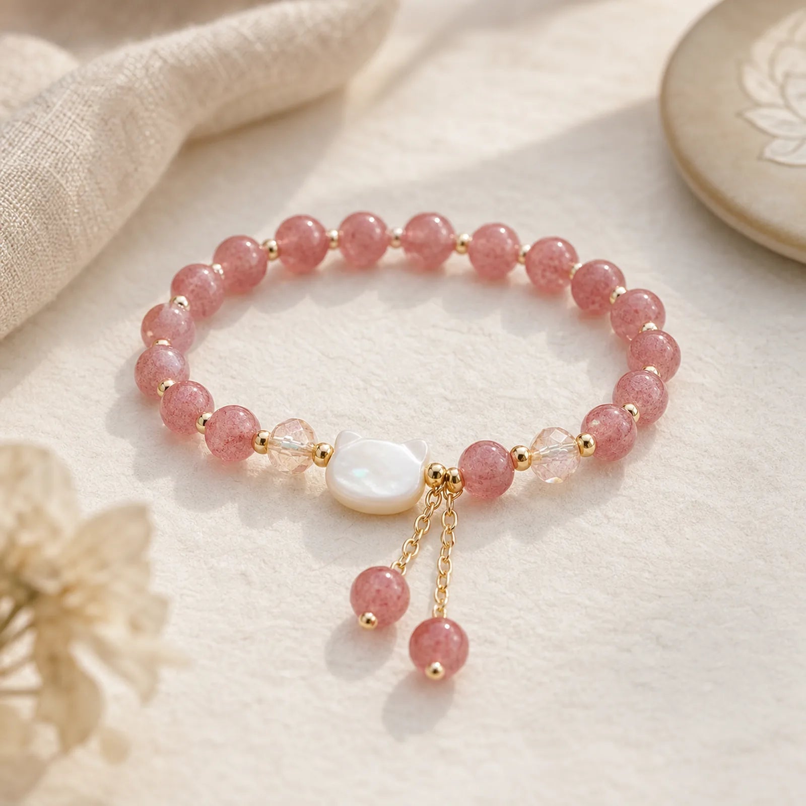 Natural Strawberry Quartz Morganite Tridacna Stone Cat Love Bracelet featuring Strawberry Quartz, Tridacna Stone