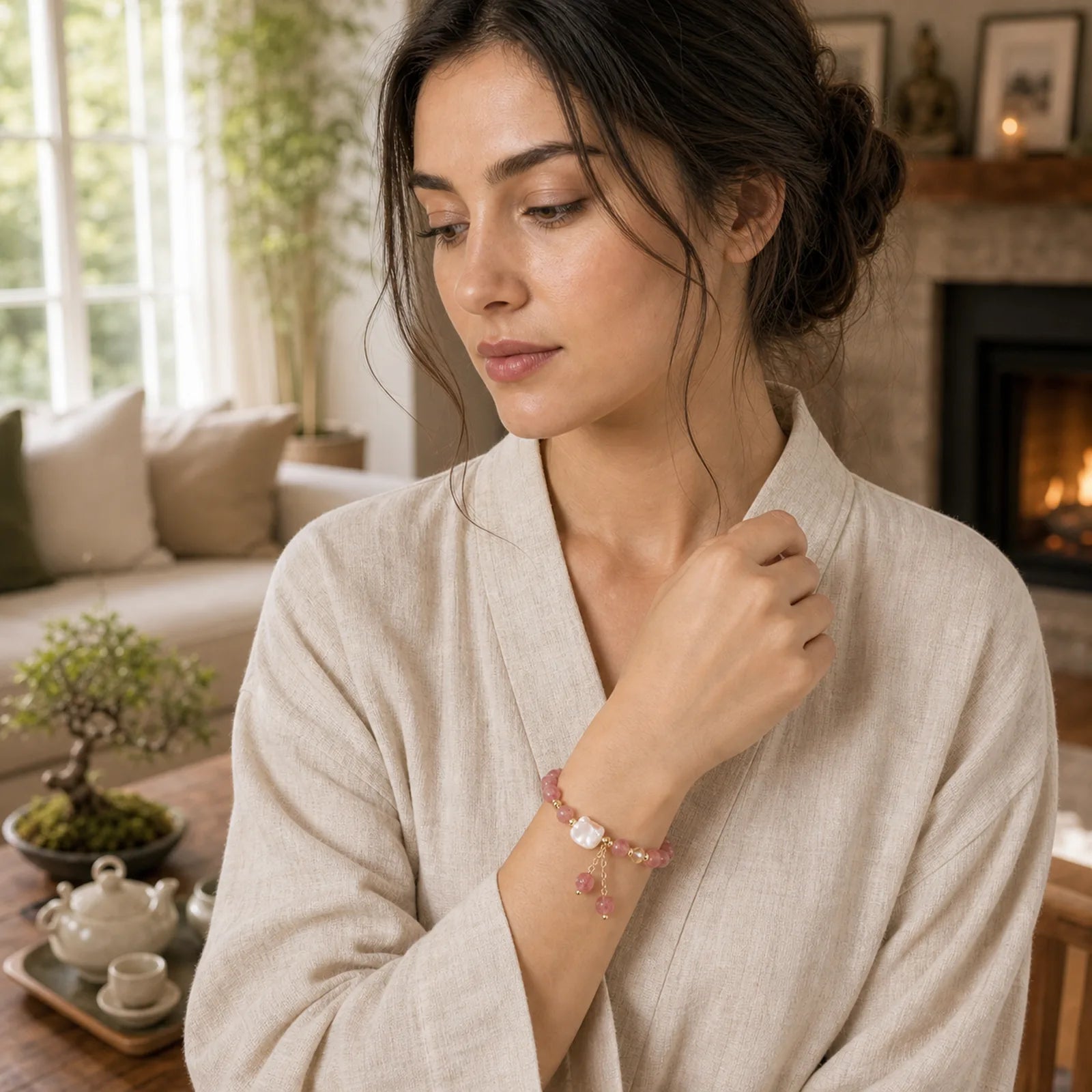 Natural Strawberry Quartz Morganite Tridacna Stone Cat Love Bracelet featuring Strawberry Quartz, Tridacna Stone