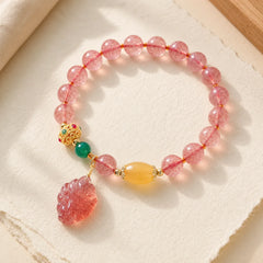 Natural Strawberry Quartz Nine Tailed Fox Healing Bracelet featuring Strawberry Quartz, Nine-Tailed Fox, Green Agate