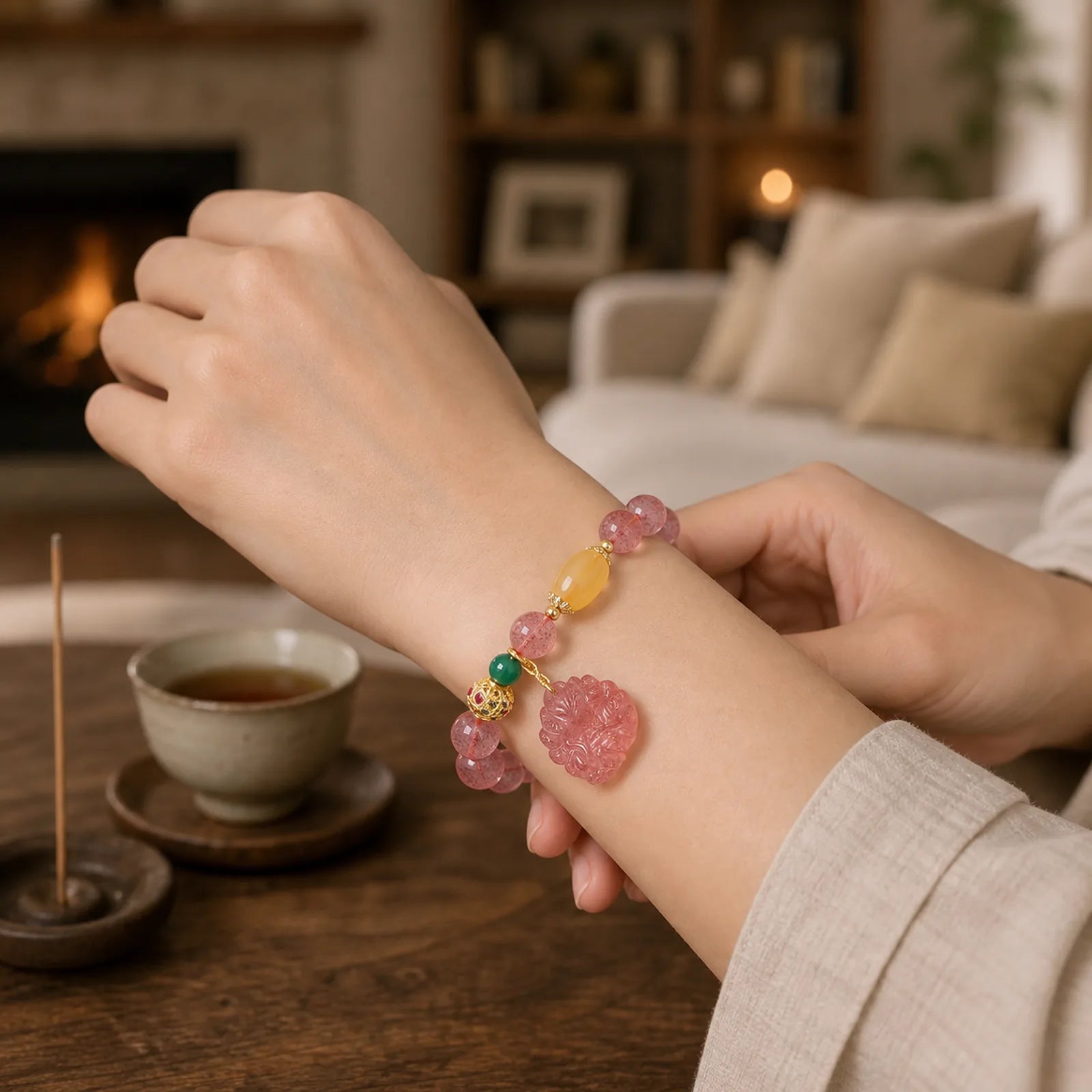 Natural Strawberry Quartz Nine Tailed Fox Healing Bracelet featuring Strawberry Quartz, Nine-Tailed Fox, Green Agate