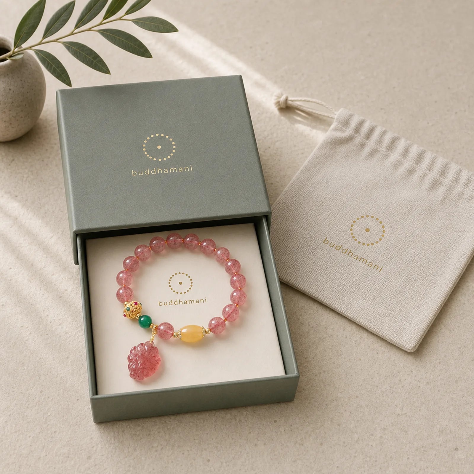 Natural Strawberry Quartz Nine Tailed Fox Healing Bracelet featuring Strawberry Quartz, Nine-Tailed Fox, Green Agate