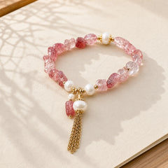 Natural Strawberry Quartz Pearl 14k Gold Plated Love Healing Bracelet featuring Strawberry Quartz, Pearl, Copper