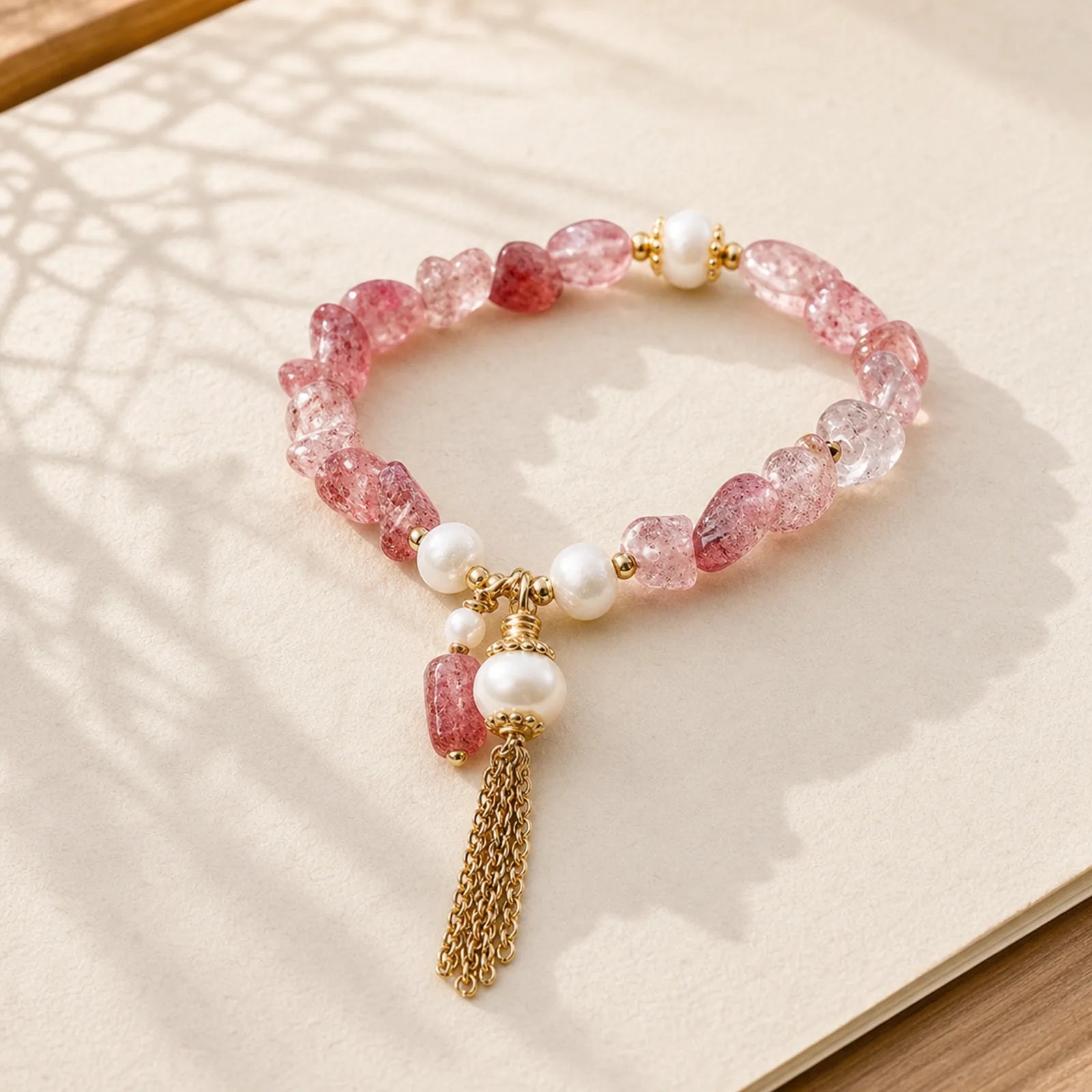 Natural Strawberry Quartz Pearl 14k Gold Plated Love Healing Bracelet featuring Strawberry Quartz, Pearl, Copper