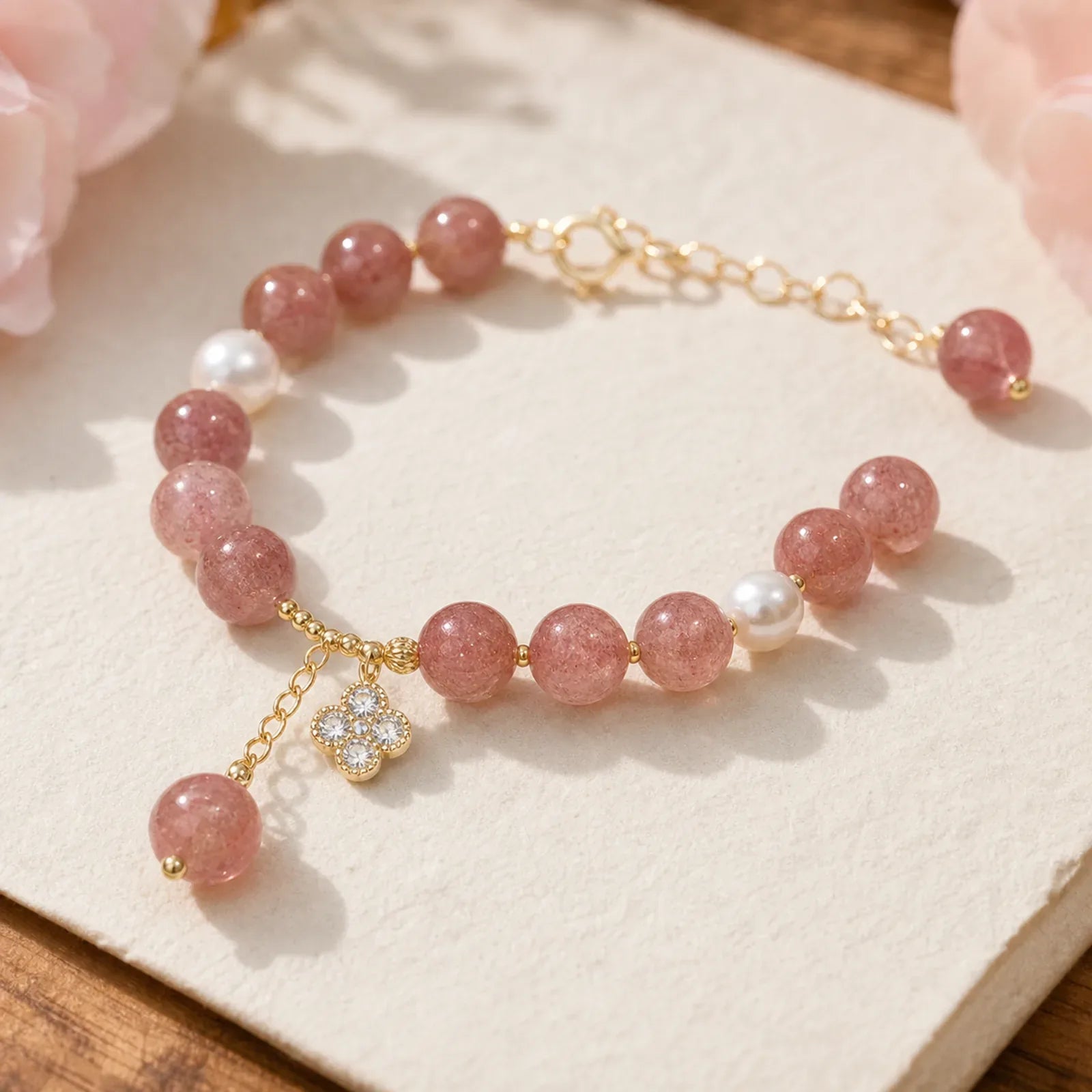 Natural Strawberry Quartz Pearl Four Leaf Clover Love Bracelet featuring Strawberry Quartz, Pearl