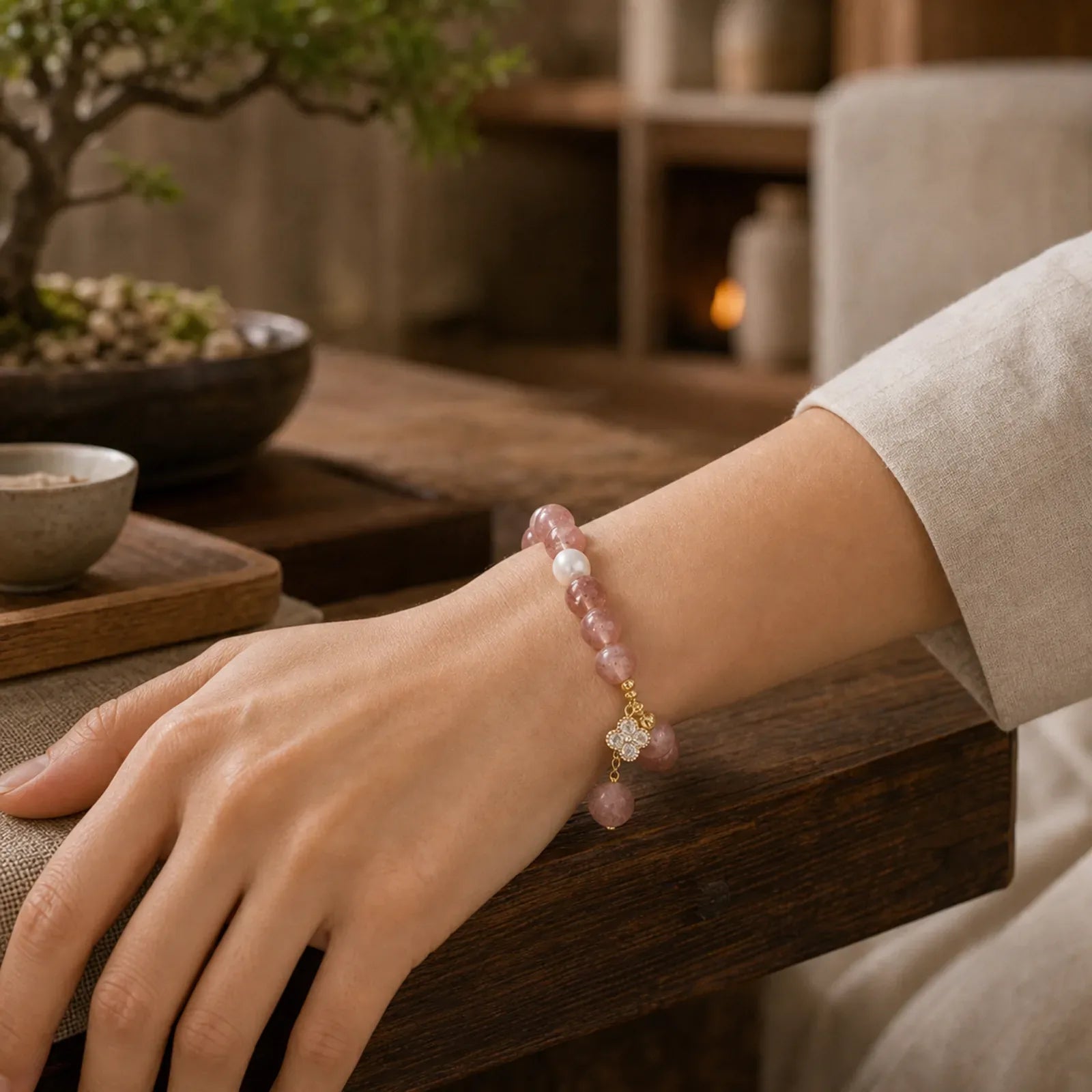 Natural Strawberry Quartz Pearl Four Leaf Clover Love Bracelet featuring Strawberry Quartz, Pearl