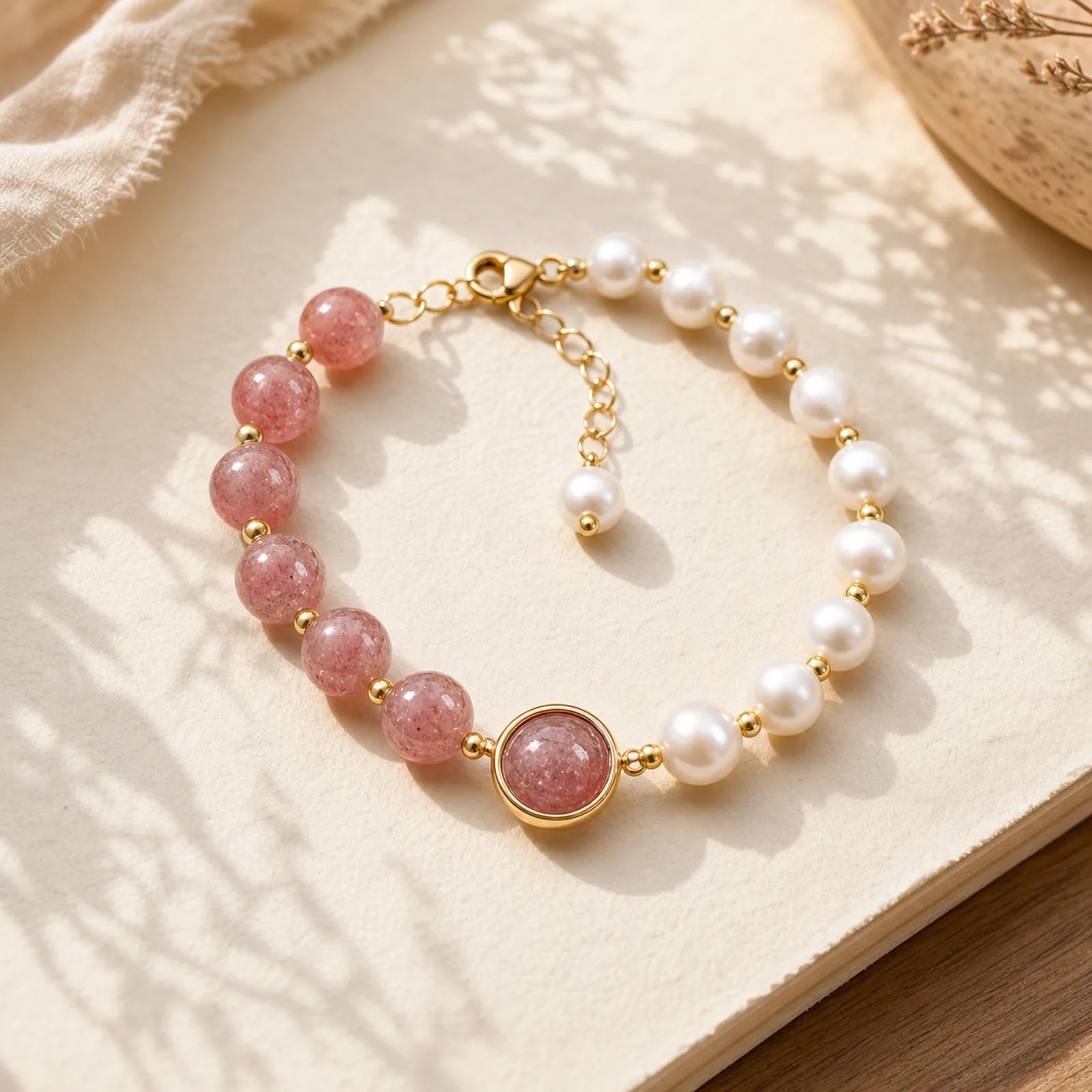 Natural Strawberry Quartz Pearl Love Positive Chain Bracelet featuring Strawberry Quartz, Pearl