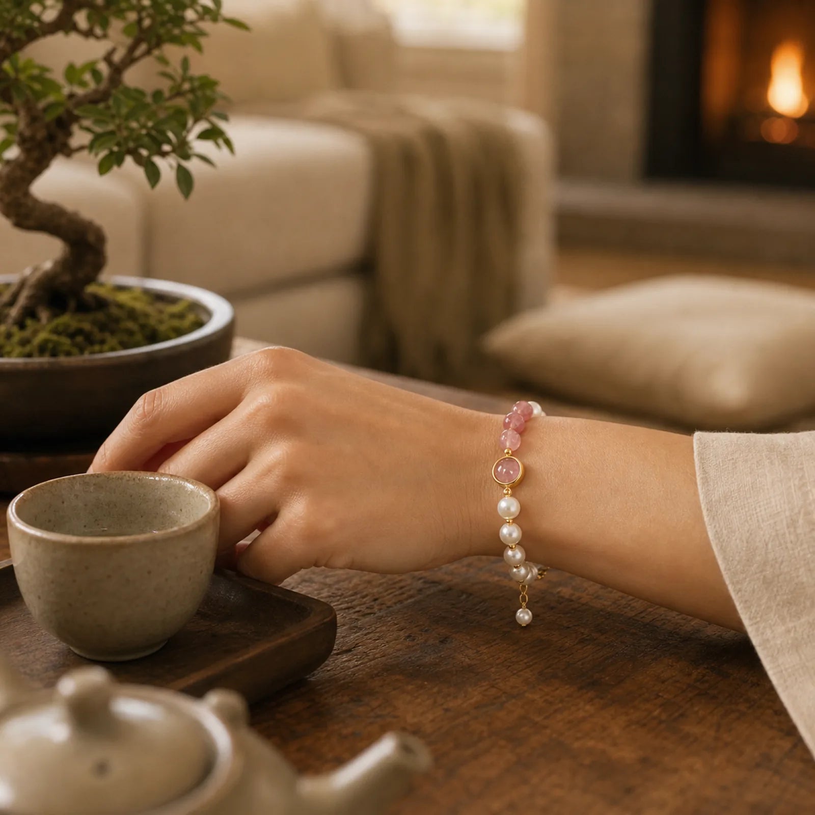 Natural Strawberry Quartz Pearl Love Positive Chain Bracelet featuring Strawberry Quartz, Pearl