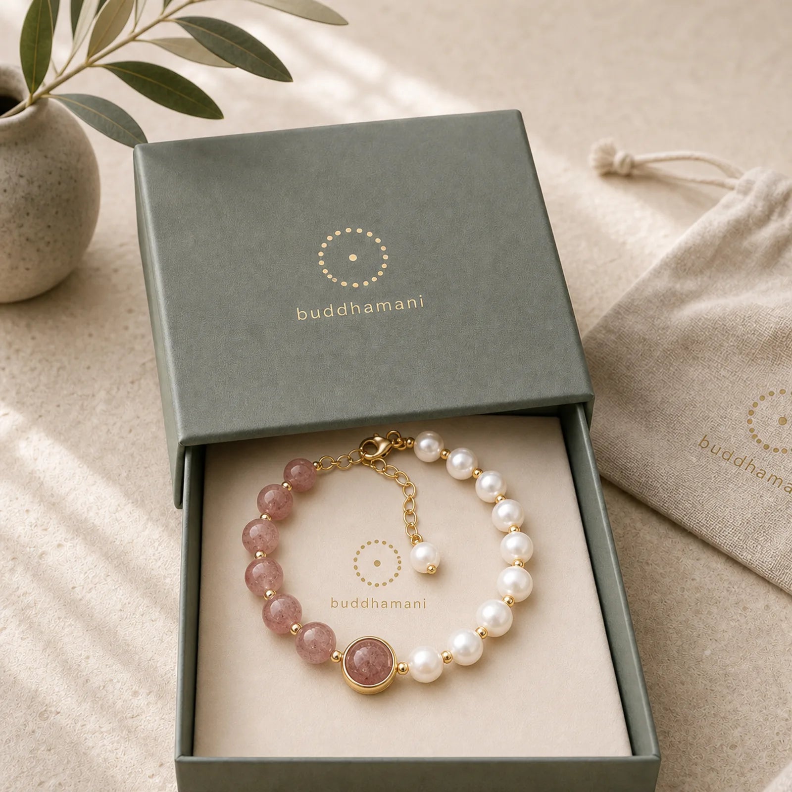 Natural Strawberry Quartz Pearl Love Positive Chain Bracelet featuring Strawberry Quartz, Pearl