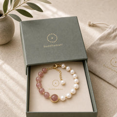 Natural Strawberry Quartz Pearl Love Positive Chain Bracelet featuring Strawberry Quartz, Pearl