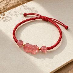 Natural Strawberry Quartz PiXiu Lucky Red String Bracelet featuring Strawberry Quartz, Pixiu, Red String