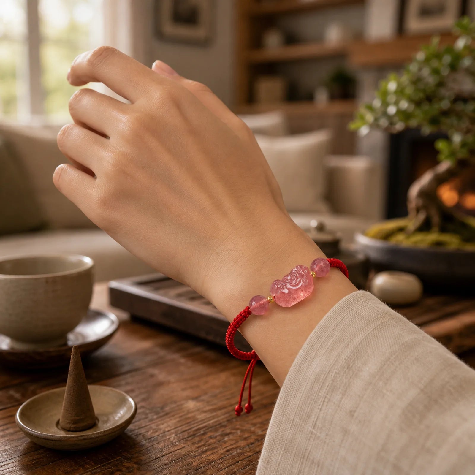 Natural Strawberry Quartz PiXiu Lucky Red String Bracelet featuring Strawberry Quartz, Pixiu, Red String
