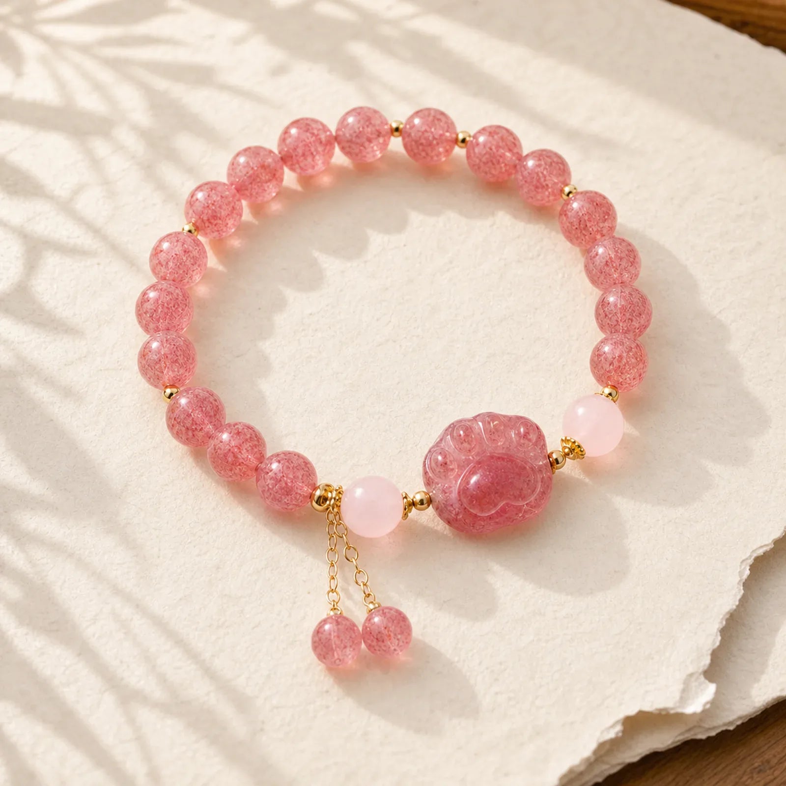 Natural Strawberry Quartz Pink Crystal Lucky Cat Paw Love Bracelet featuring Strawberry Quartz, Pink Crystal, Rose Quartz