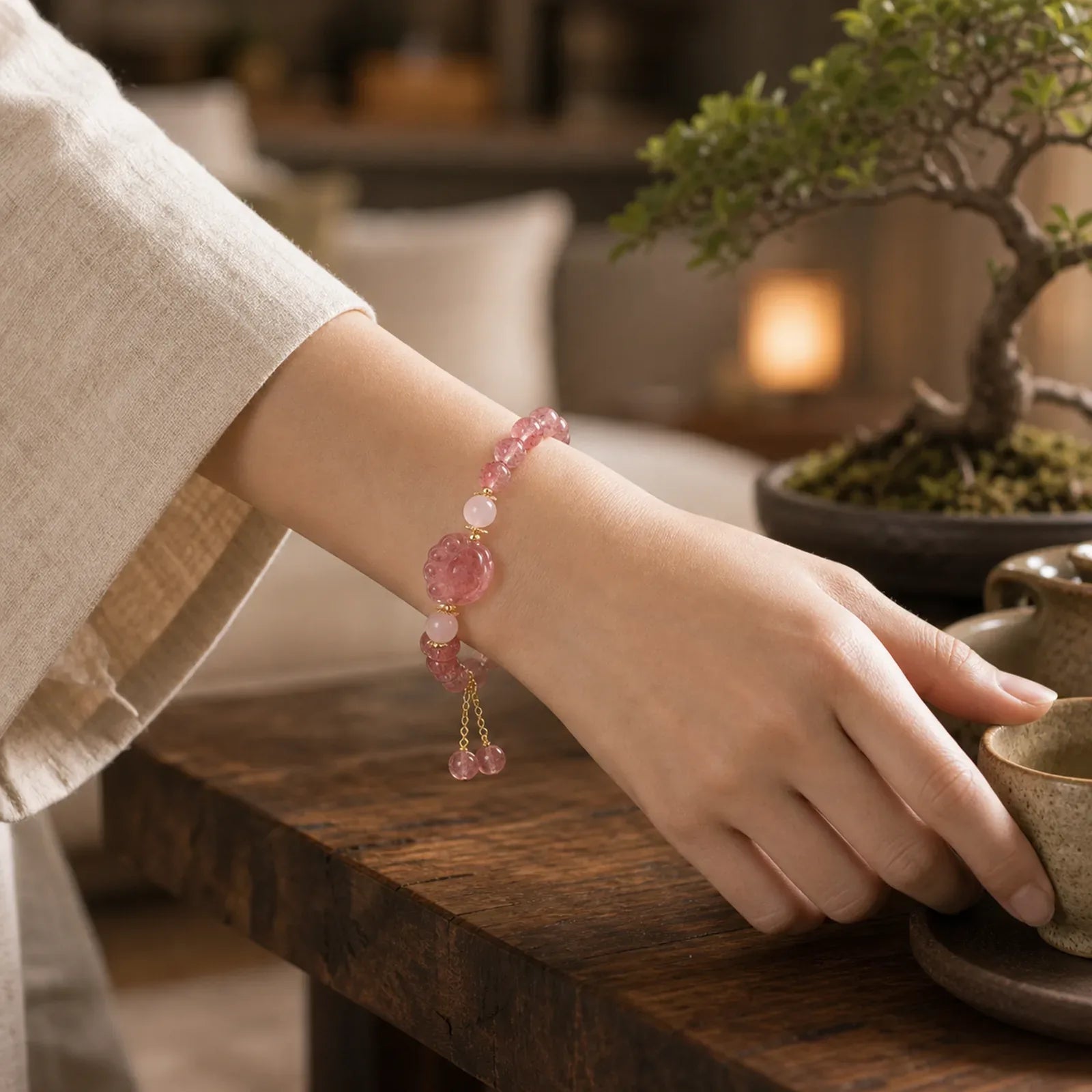 Natural Strawberry Quartz Pink Crystal Lucky Cat Paw Love Bracelet featuring Strawberry Quartz, Pink Crystal, Rose Quartz