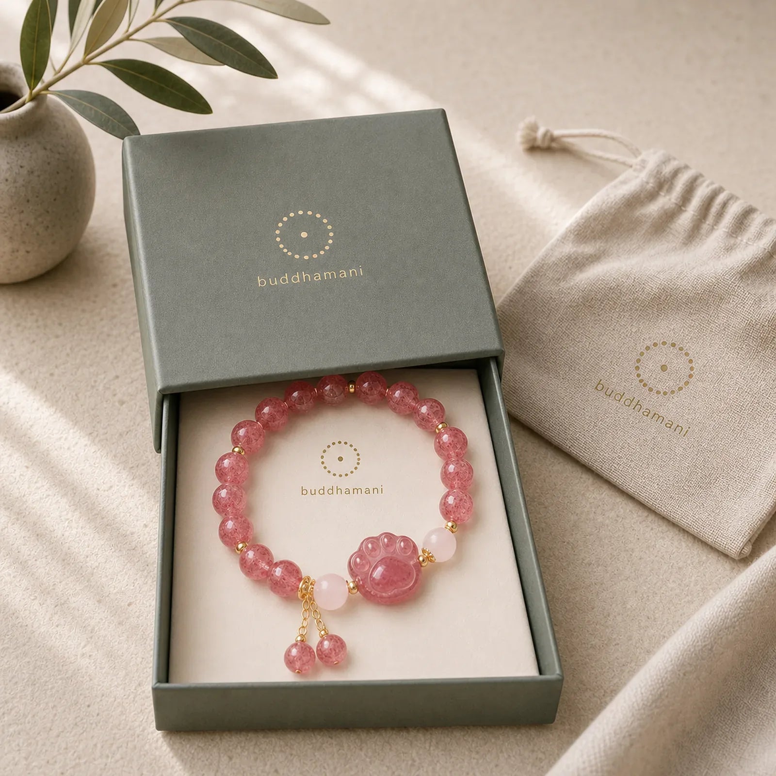 Natural Strawberry Quartz Pink Crystal Lucky Cat Paw Love Bracelet featuring Strawberry Quartz, Pink Crystal, Rose Quartz