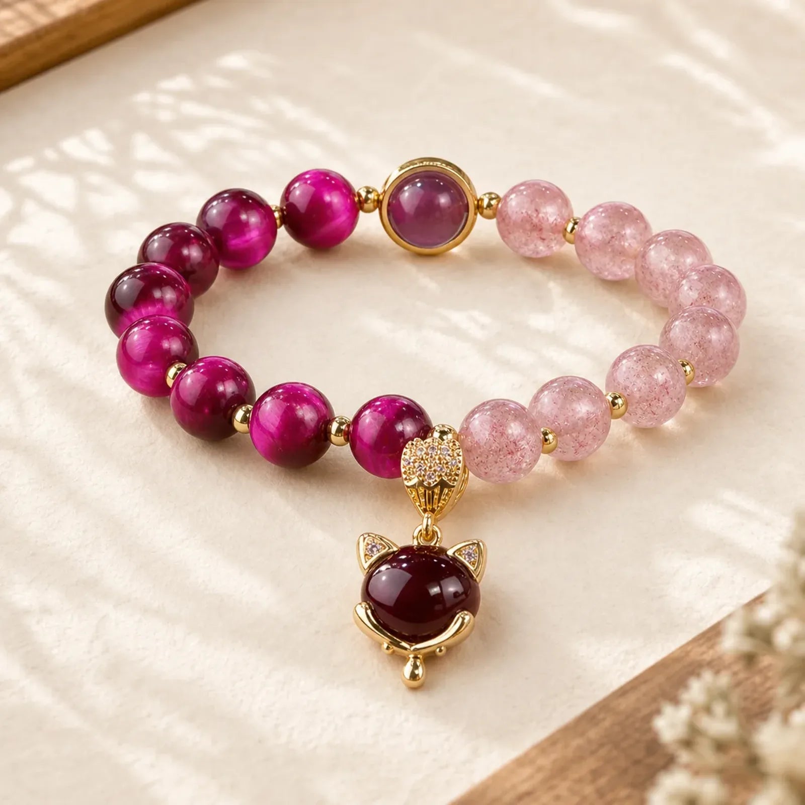 Natural Strawberry Quartz Pixiu Love Bracelet featuring Strawberry Quartz, Pixiu, Tiger Eye