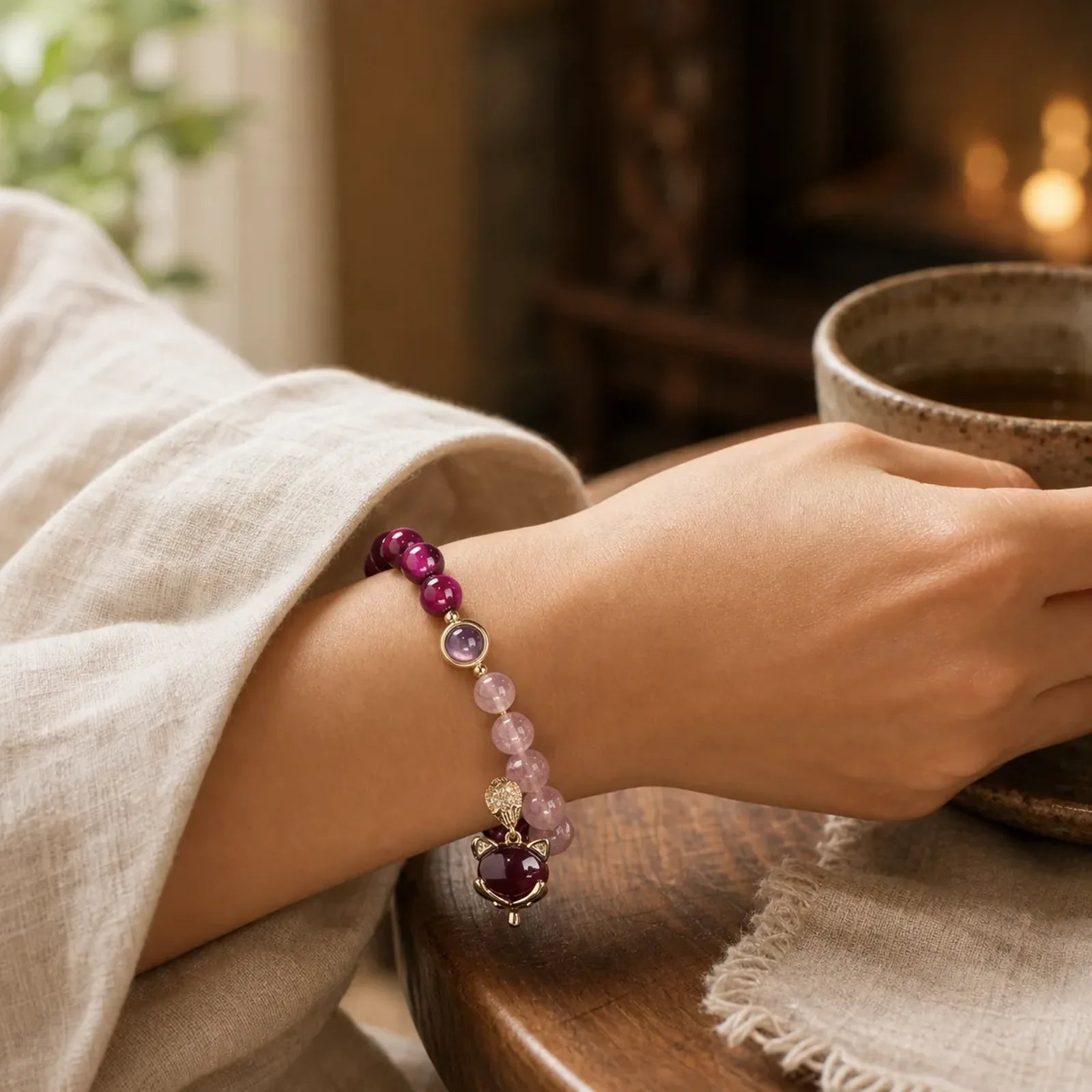 Natural Strawberry Quartz Pixiu Love Bracelet featuring Strawberry Quartz, Pixiu, Tiger Eye