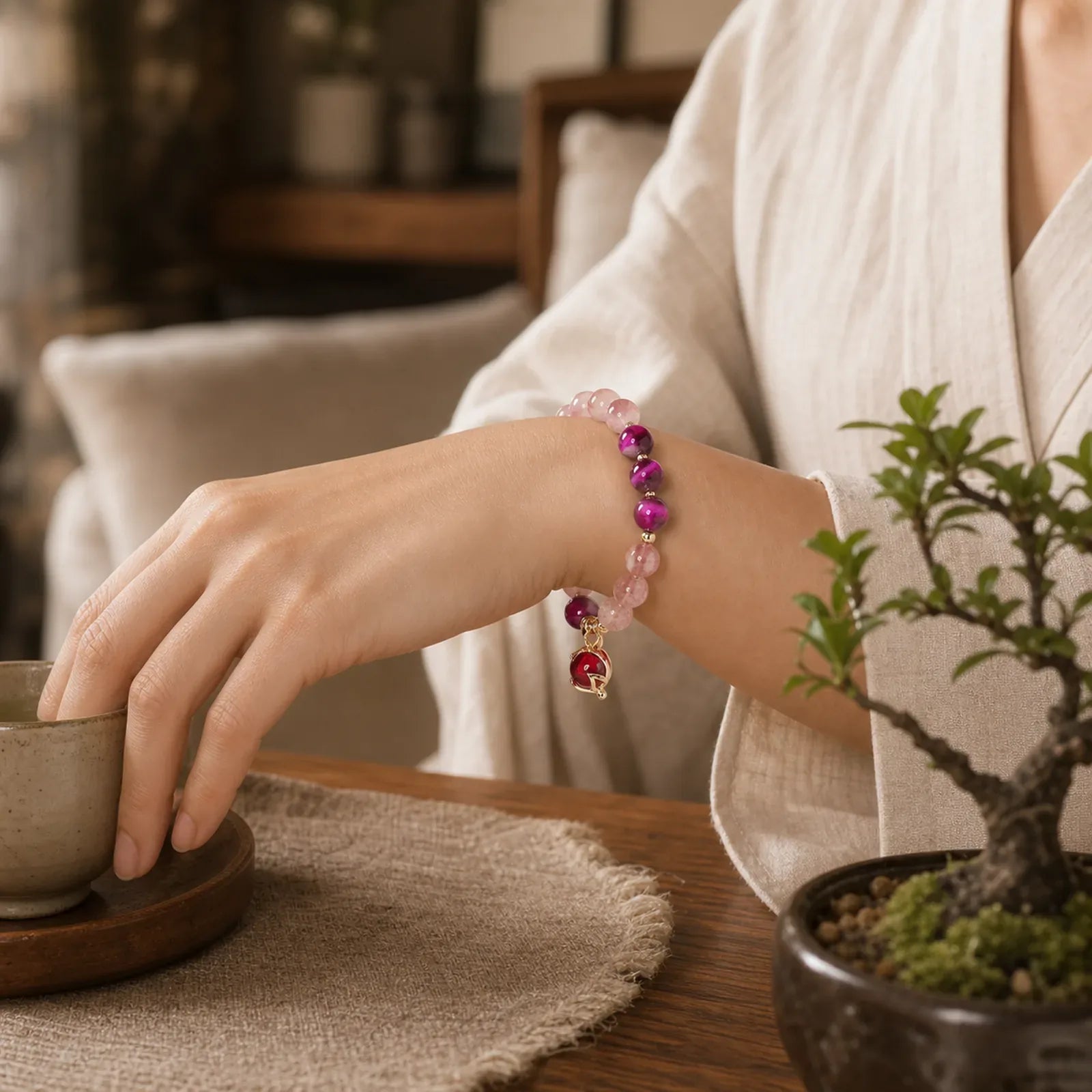 Natural Strawberry Quartz Pixiu Love Bracelet featuring Strawberry Quartz, Pixiu, Tiger Eye